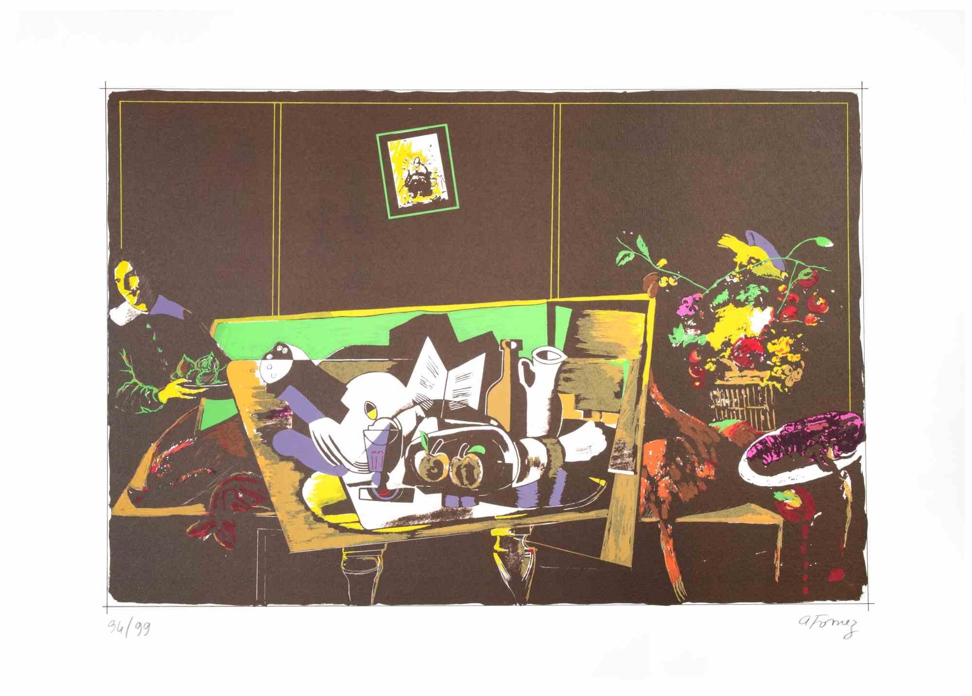 Still Life ist eine Farblithografie von Antonio Fomez aus den 1970er Jahren.

Rechts unten mit Bleistift handsigniert. Nummerierte Auflage von 99 Exemplaren, links unten mit Bleistift eingetragen.

Gute Bedingungen.

Ein Stillleben, das an die