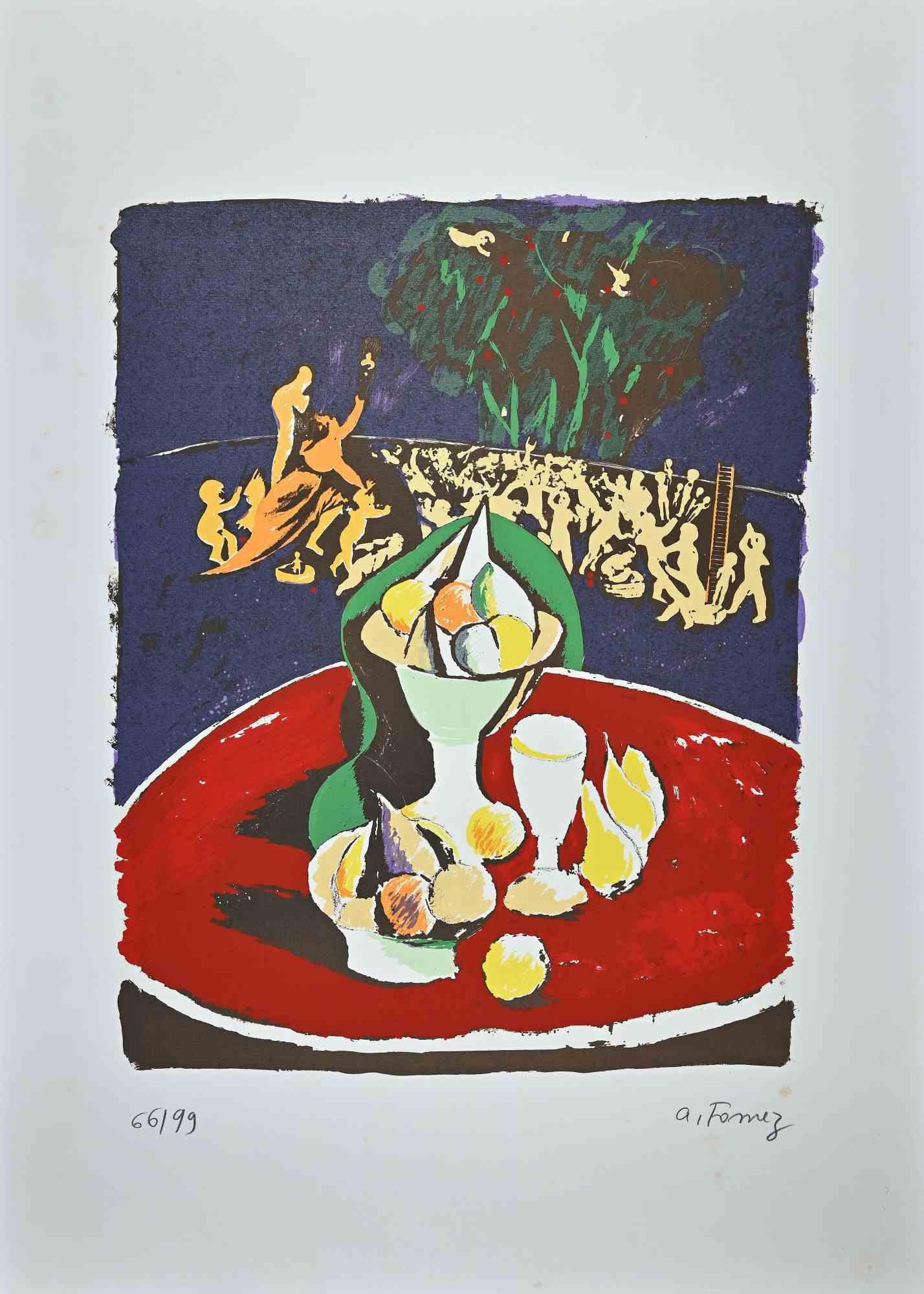 Still Life is an original colored lithograph realized by Antonio Fomez between 1950 and 1974 .

Hand-signed in pencil on the lower right. Numbered, edition of 99 prints, (handwritten in pencil on the lower left).

Good conditions.

With the