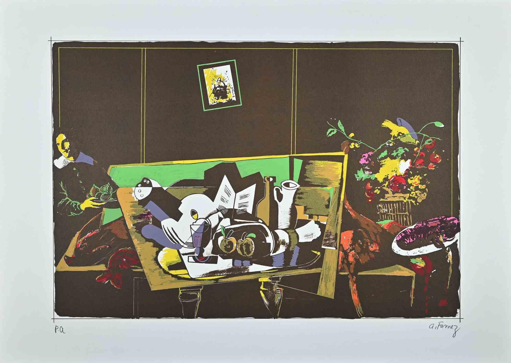 Still Life is an original colored lithograph realized by Antonio Fomez between 1950 and 1974 .

Hand-signed in pencil on the lower right.  Artist's proof  (handwritten in pencil on the lower left).

Good conditions.

With the certificate of