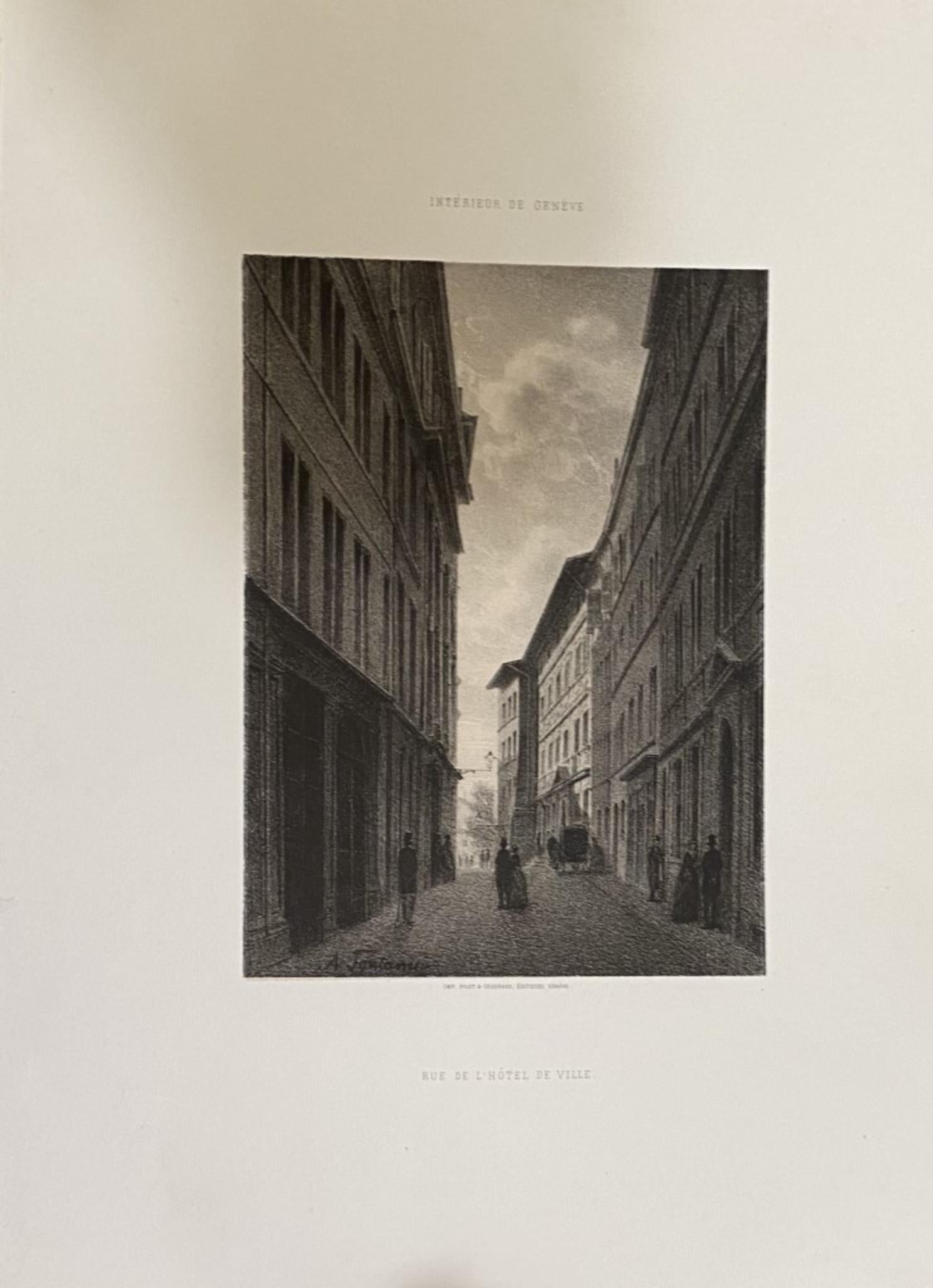 De Rue de l'Hôtel De Ville - Lithographie d'Antonio Fontanesi - 19ème siècle
