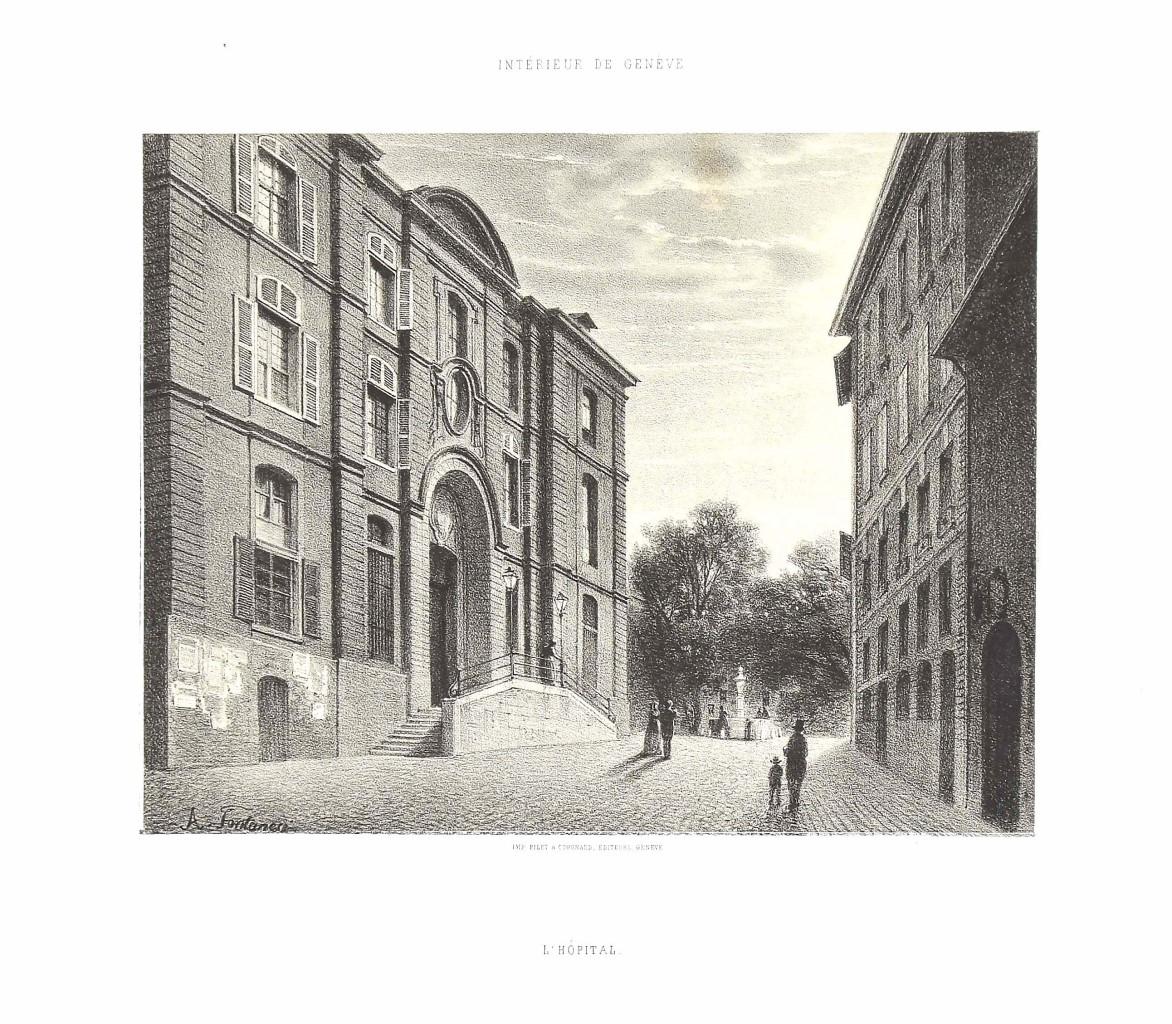 Interieur de Geneve. L'Hopital - Lithograph by Antonio Fontanesi - 1854