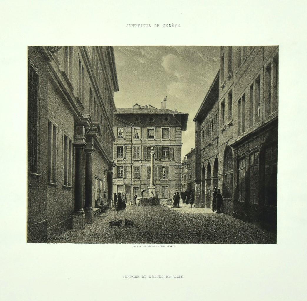 Esta espléndida litografía Interieur de Geneve. Fontaine de l'Hotel De Ville forma parte de la serie de 20 grabados dedicados a vistas de la ciudad de Ginebra, grabados por el artista italiano Antonio Fontanesi en 1854. La litografía se aplica sobre