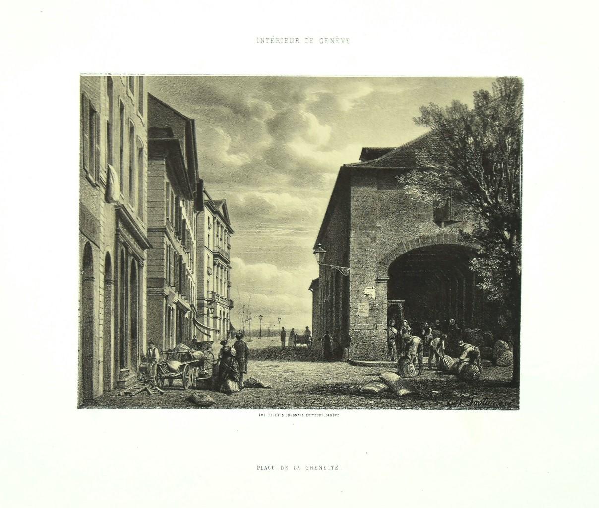 For Interieur de Geneve. Place de la Grenet - Litografia di Antonio Fontanesi - 1854