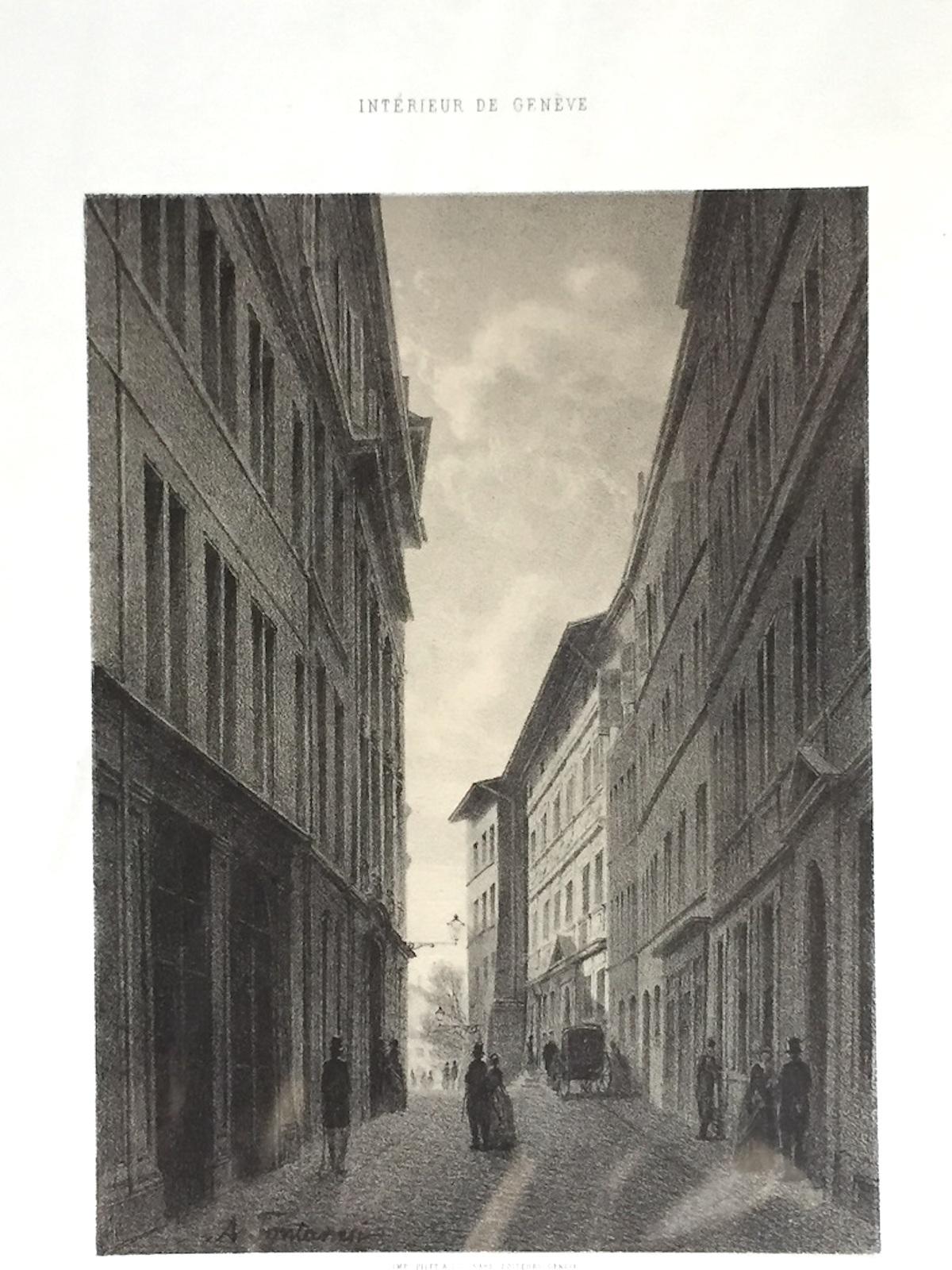 Interieur de Geneve. Rue de l'Hotel de Ville - Lithograph by A. Fontanesi - 1854