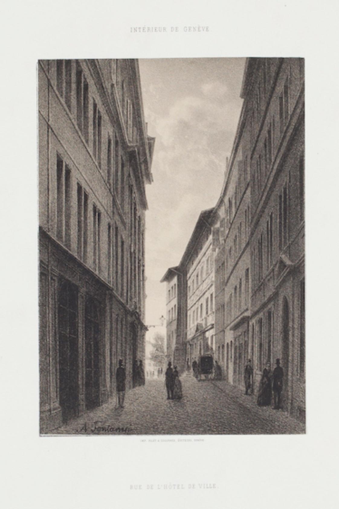 El interior de Ginebra es una litografía original de  Antonio Fontanesi en el siglo XIX.

El estado de conservación de las obras de arte es excelente. Dimensiones de la imagen:   20,5 x 15 cm

La firma está grabada en la placa de la parte inferior