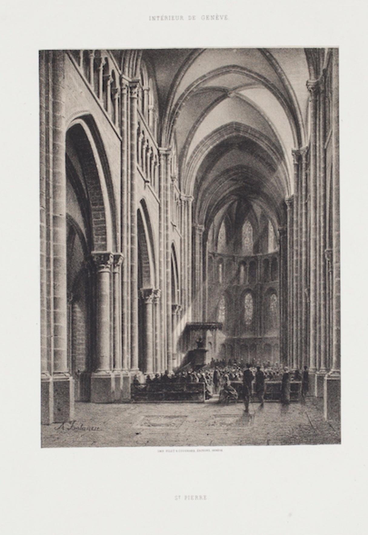 The Interior of Geneve is an original Lithograph by  Antonio Fontanesi in the 19th Century.

The state of preservation of the artwork is excellent. Image Dimensions:  21.5 x 16.5cm

The signature is engraved on the plate the lower left. At the top