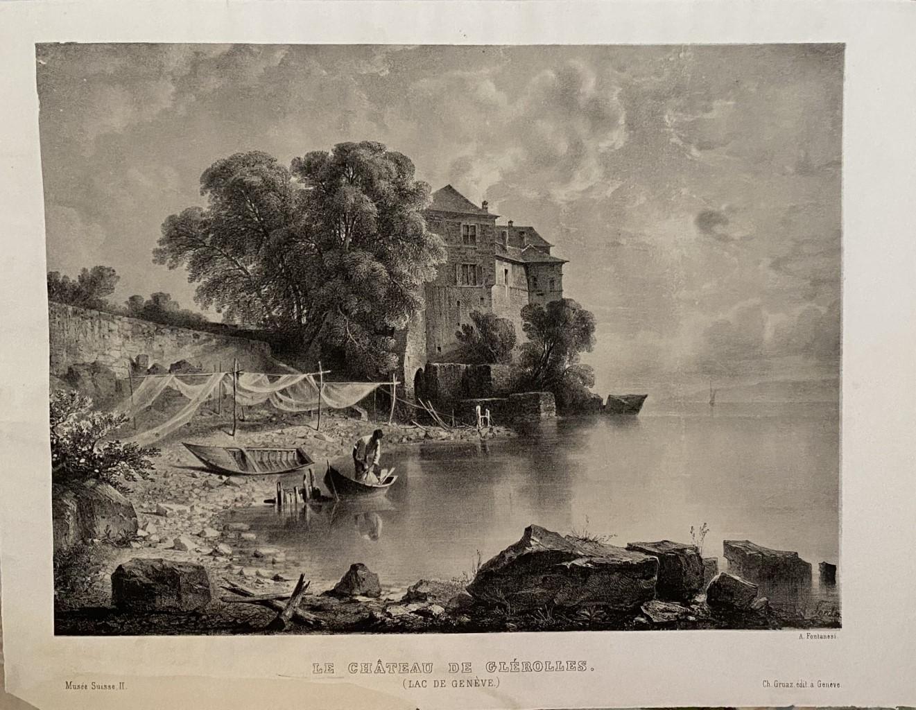 This splendid lithograph Lac De la Geneve is part of the series of prints dedicated to views of the city of Geneva, engraved by the Italian artist Antonio Fontanesi.

The state of preservation of the artwork is excellent; a little yellowed in the