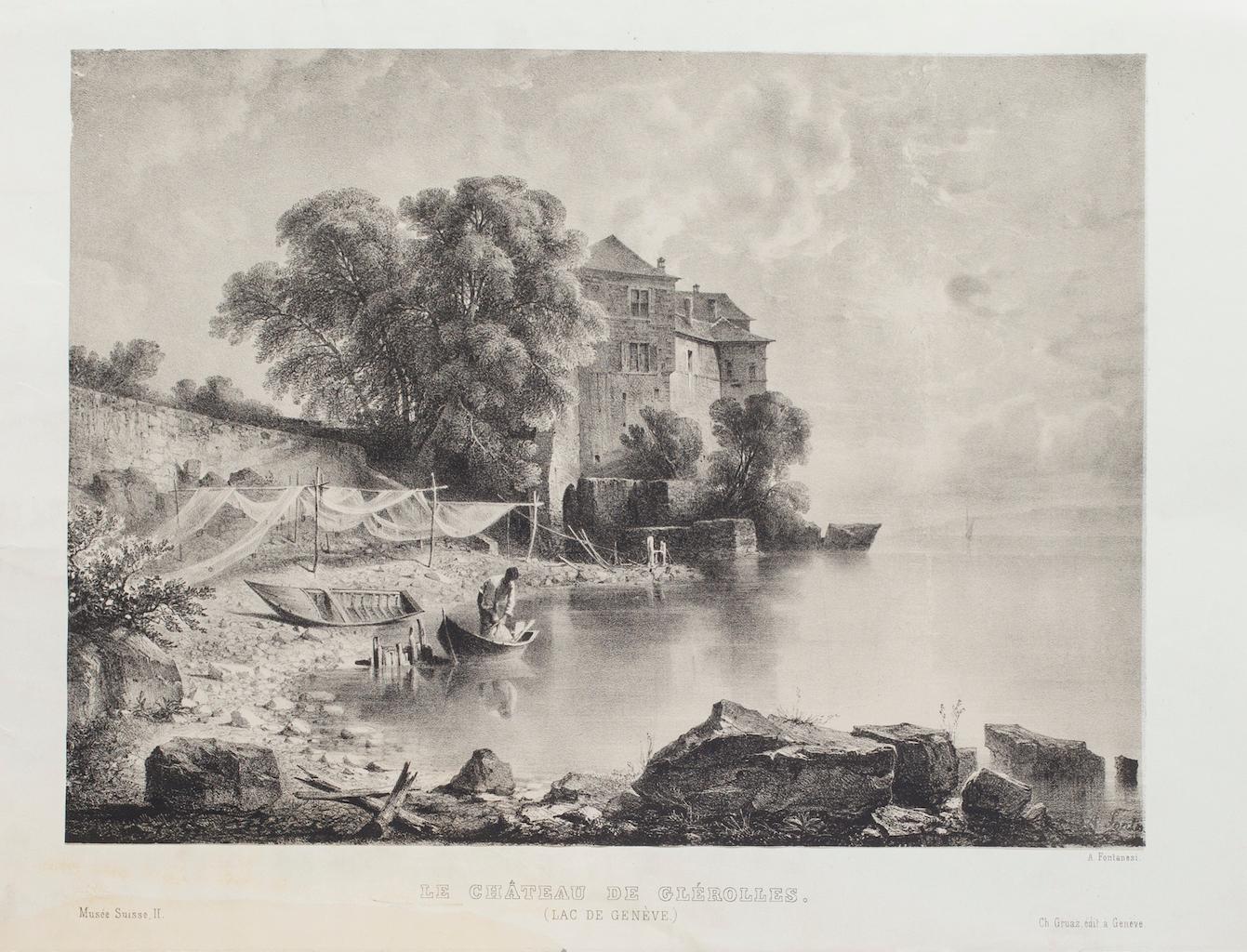Lac De la Geneve - Original Lithograph by Antonio Fontanesi - Mid-19th Century