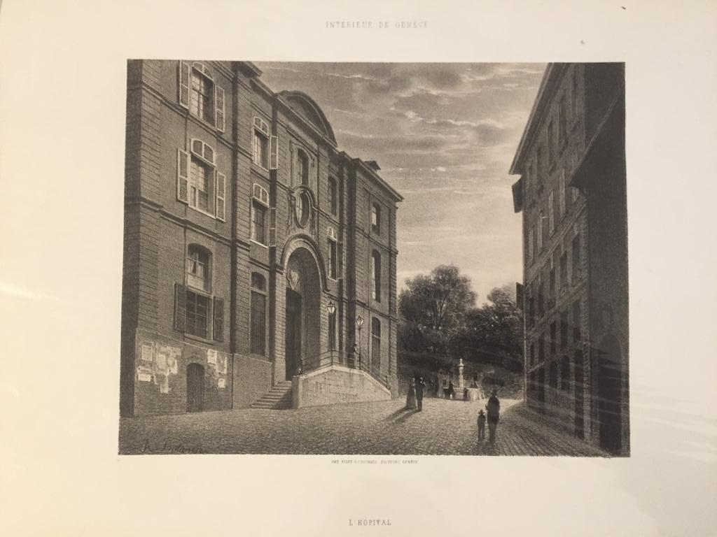 This splendid lithograph L'hopital is part of the series of 20 prints dedicated to views of the city of Geneva, engraved by the Italian artist Antonio Fontanesi in 1854. The lithograph is applied on a cardboard.

The state of preservation of the