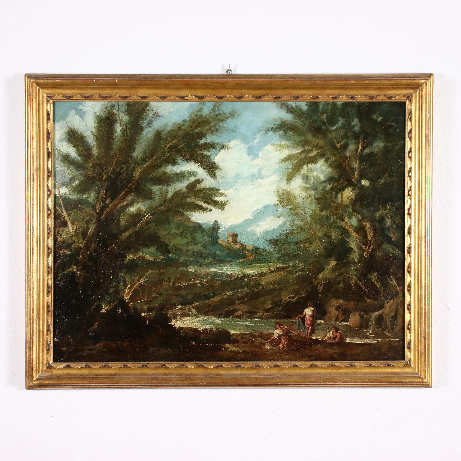 Antonio Francesco Peruzzini Landscape Painting - Oil on Canvas, XVII Century, Landscape with Figures at the River