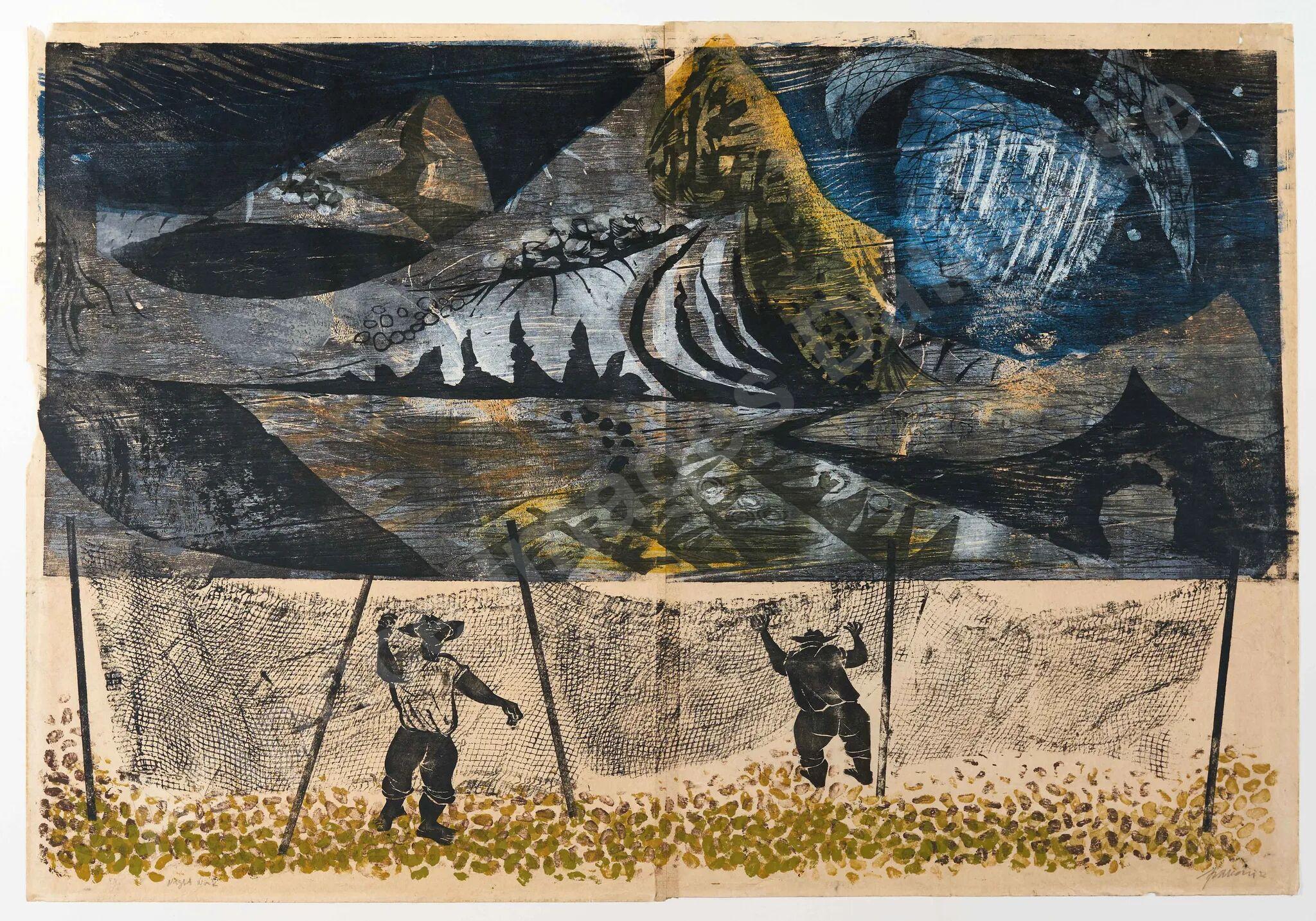 Frasconi,Antonio. NIGHT WORK. Color woodcut, 1952. Edition size not stated. Signed, titled, dated, and inscribed P/P (printer's proof) in pencil. 29 x 42 inches (sheet). The print is on two sheets pasted together with an overlap of about 3/4 inch at