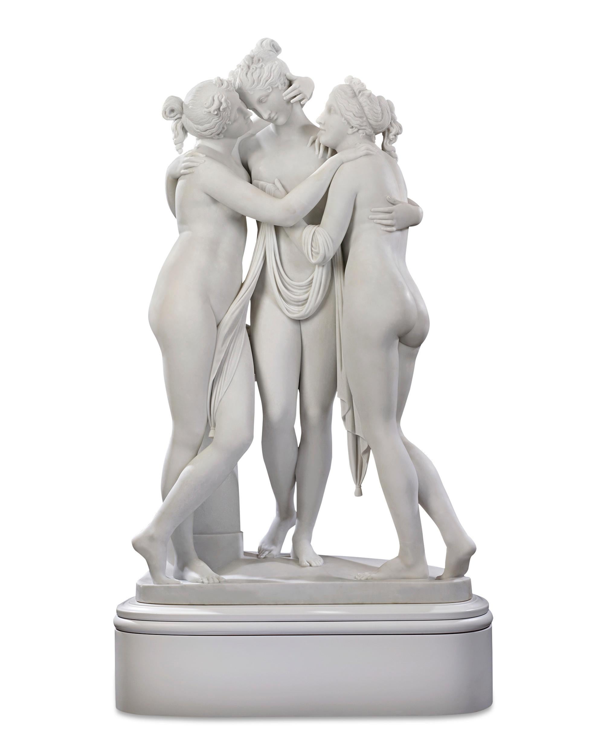 Antonio Frilli
1860-1902  Italian

The Three Graces

Signed “A. Frilli C / Firenze (Italia)” (on base)
Marble

Three nude women stand in an intimate embrace, their shapely bodies and serene expressions perfectly complemented by lustrous white marble