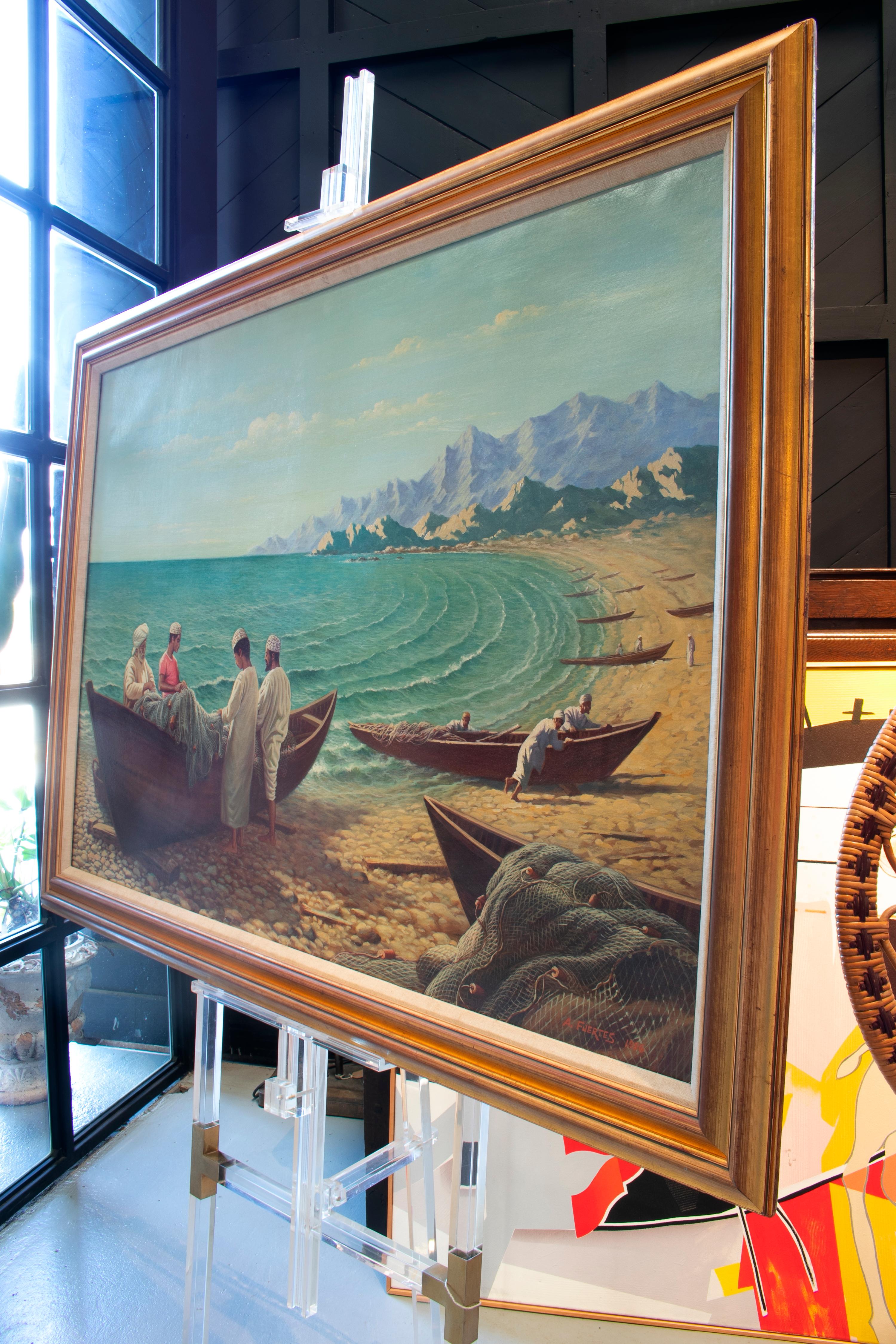 Antonio Fuertes 1986, peinture à l'huile sur toile représentant des pêcheurs marocains.