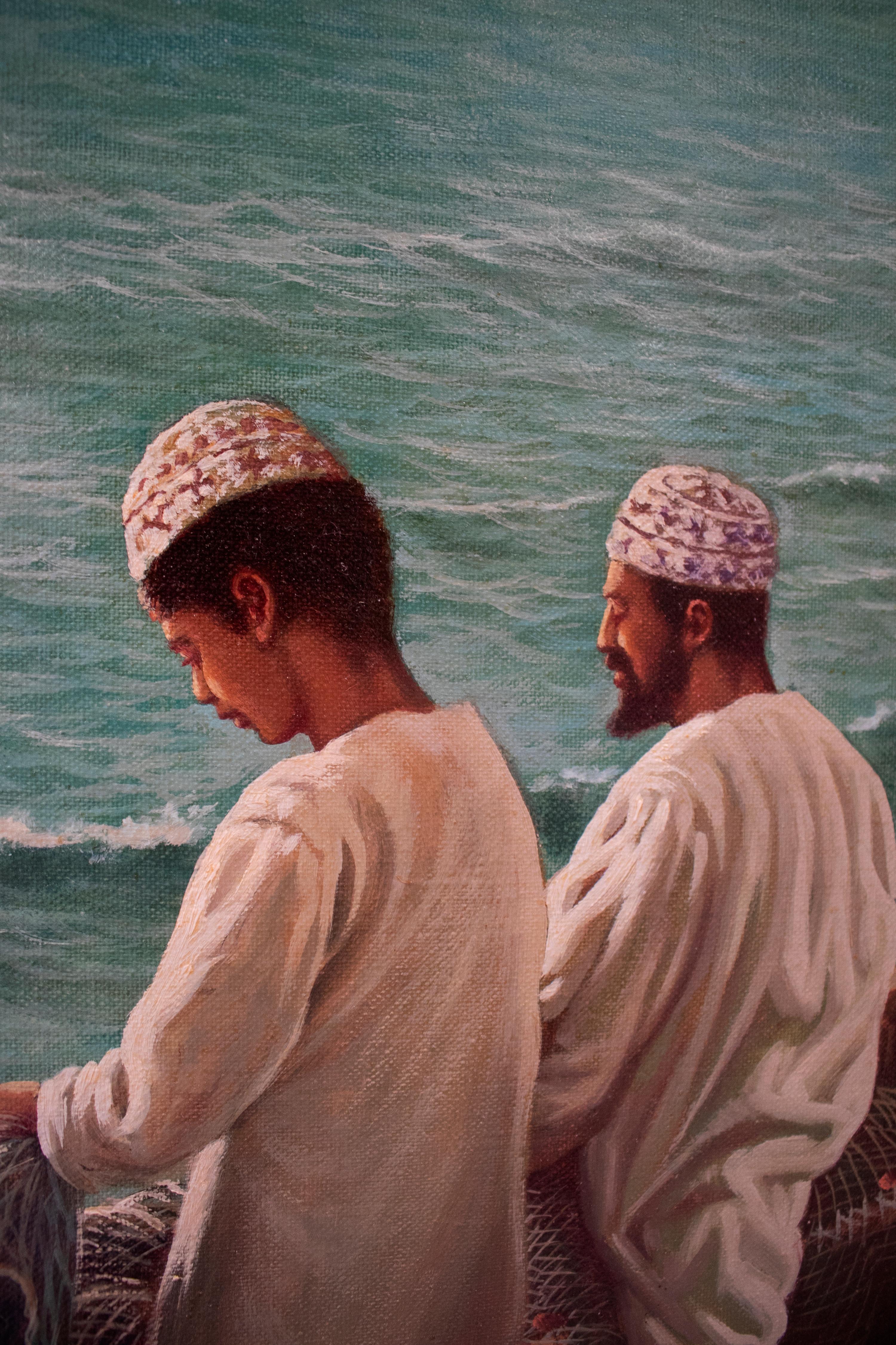 Européen Antonio Fuertes 1986, peinture à l'huile sur toile d'un pêcheur marocain en vente