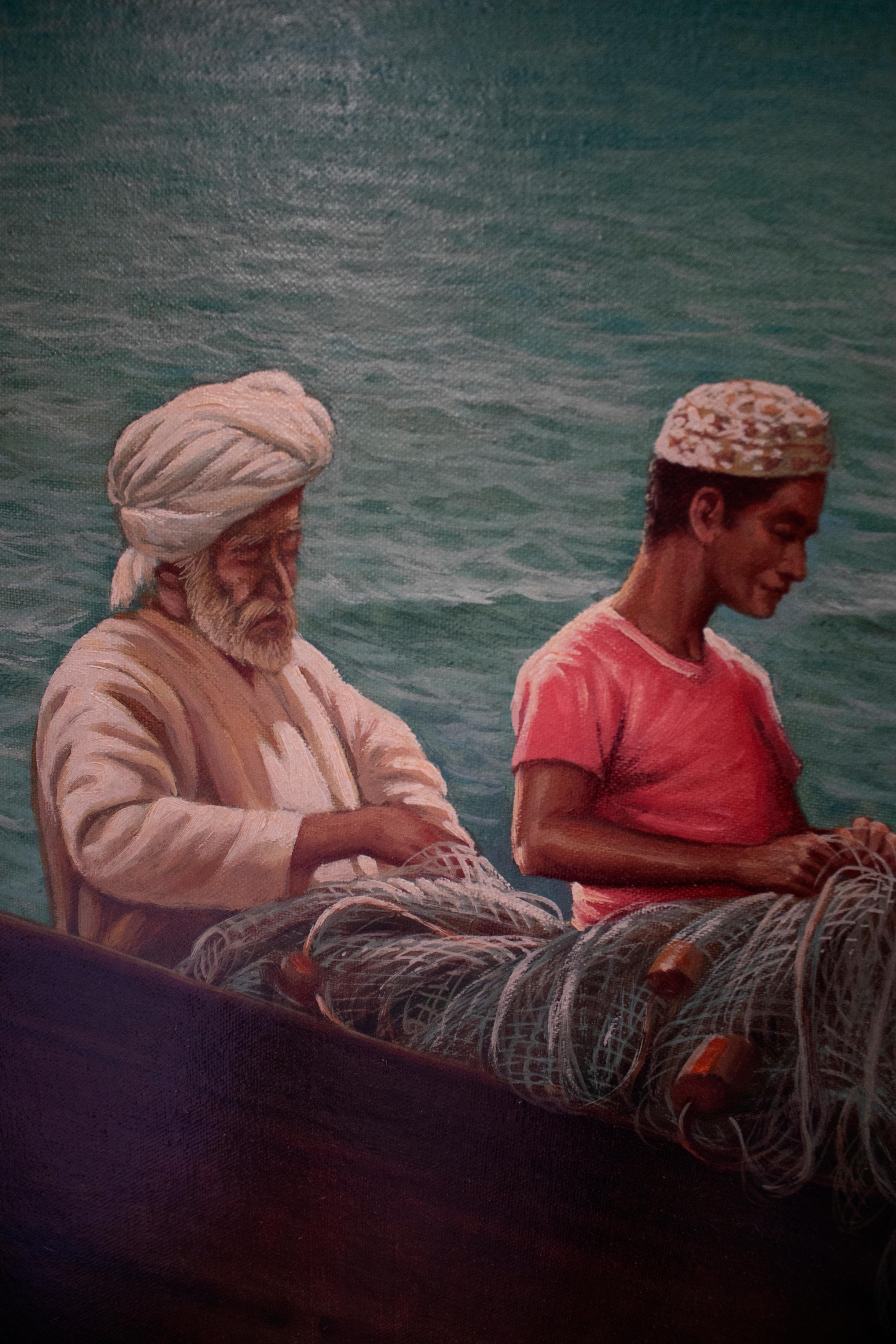 European Antonio Fuertes 1986, Oil on Canvas Painting of Moroccan Fishermen For Sale