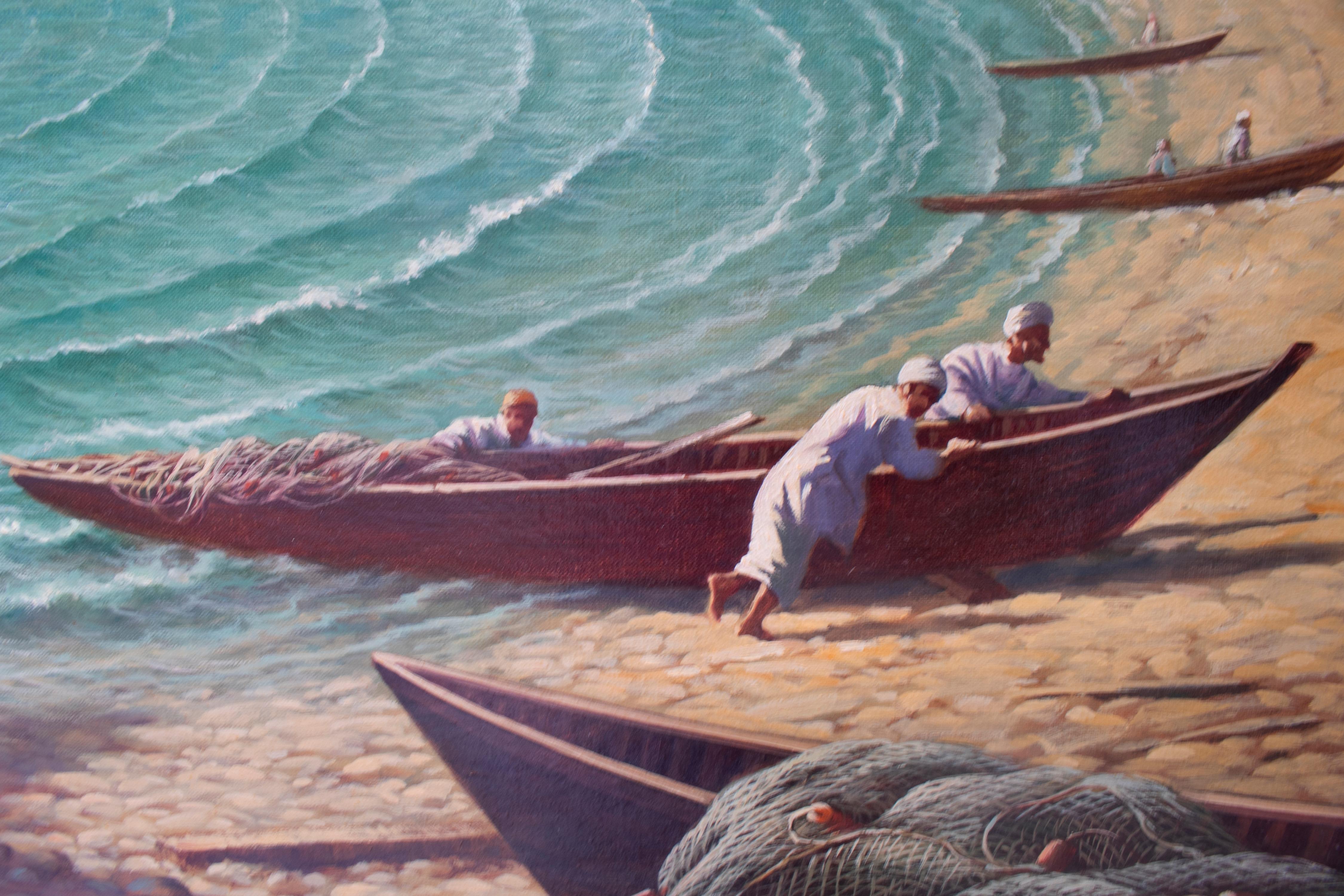 Antonio Fuertes 1986, Oil on Canvas Painting of Moroccan Fishermen In Good Condition For Sale In Marbella, ES