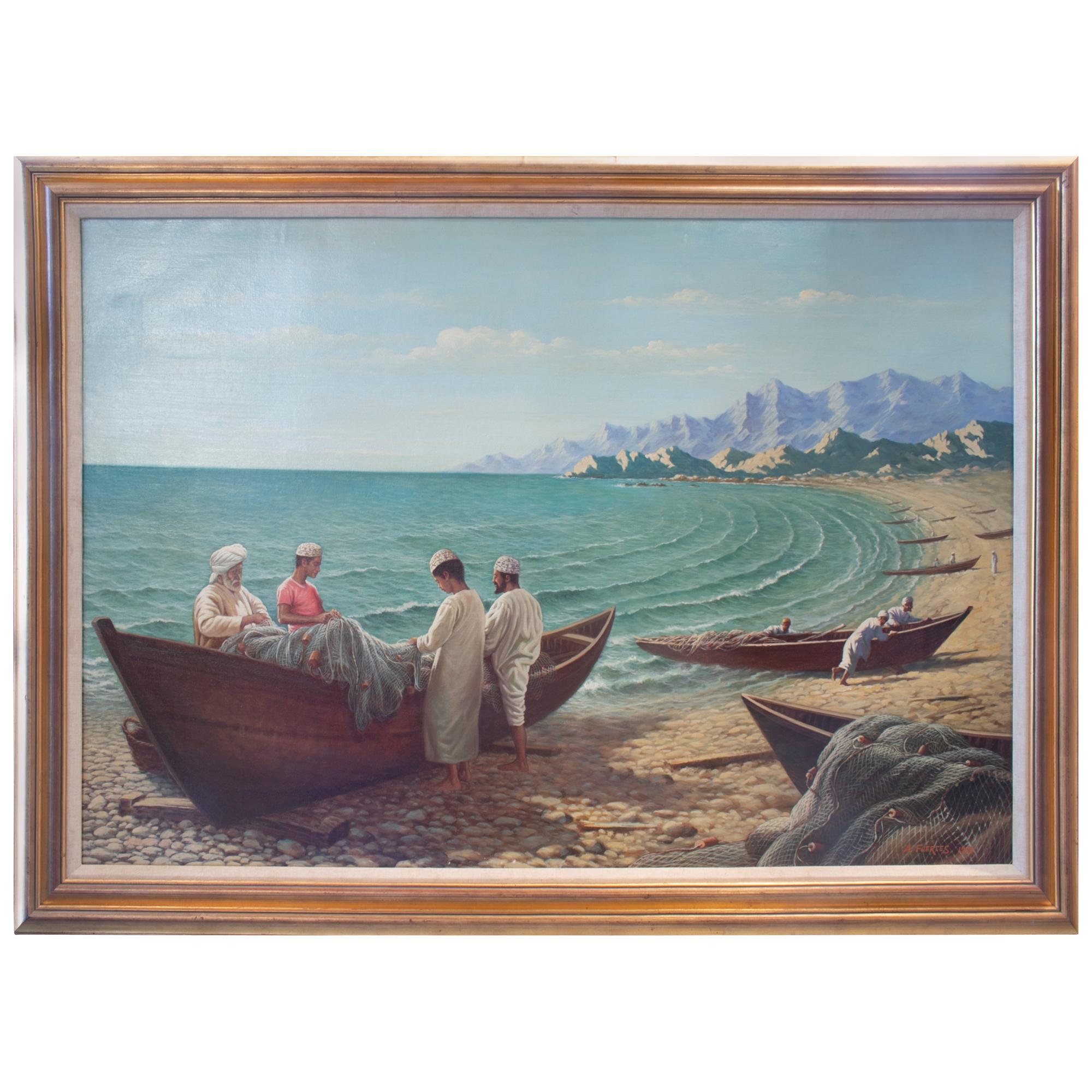 Antonio Fuertes 1986, Oil on Canvas Painting of Moroccan Fishermen For Sale