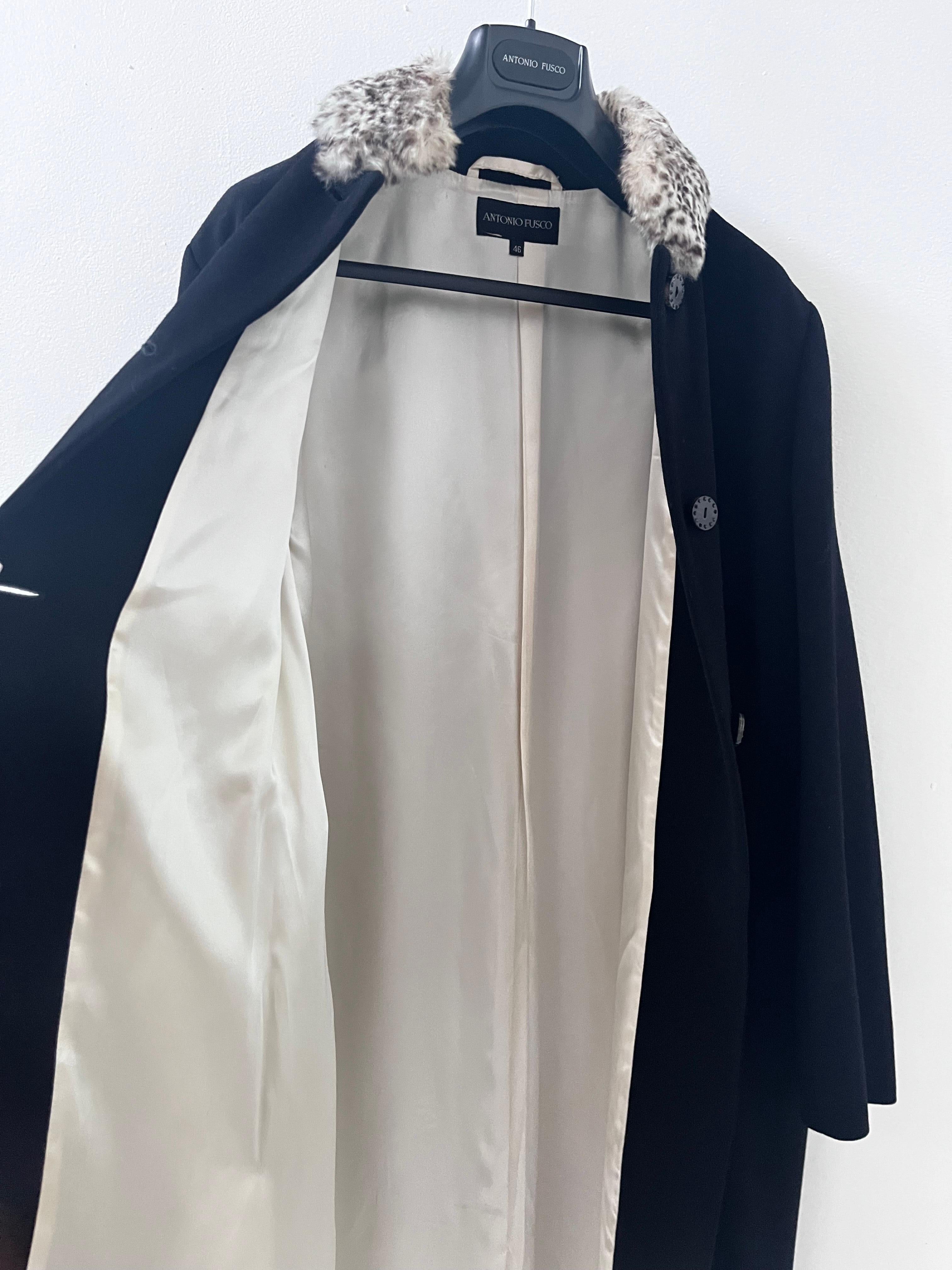 Black Antonio Fusco Italian Wool Coat with Faux Fur Leopard Collar, size It 46 in vendita