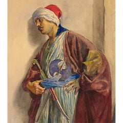 Standing Guard Orientalist Watercolor by Antonio Gargiullo