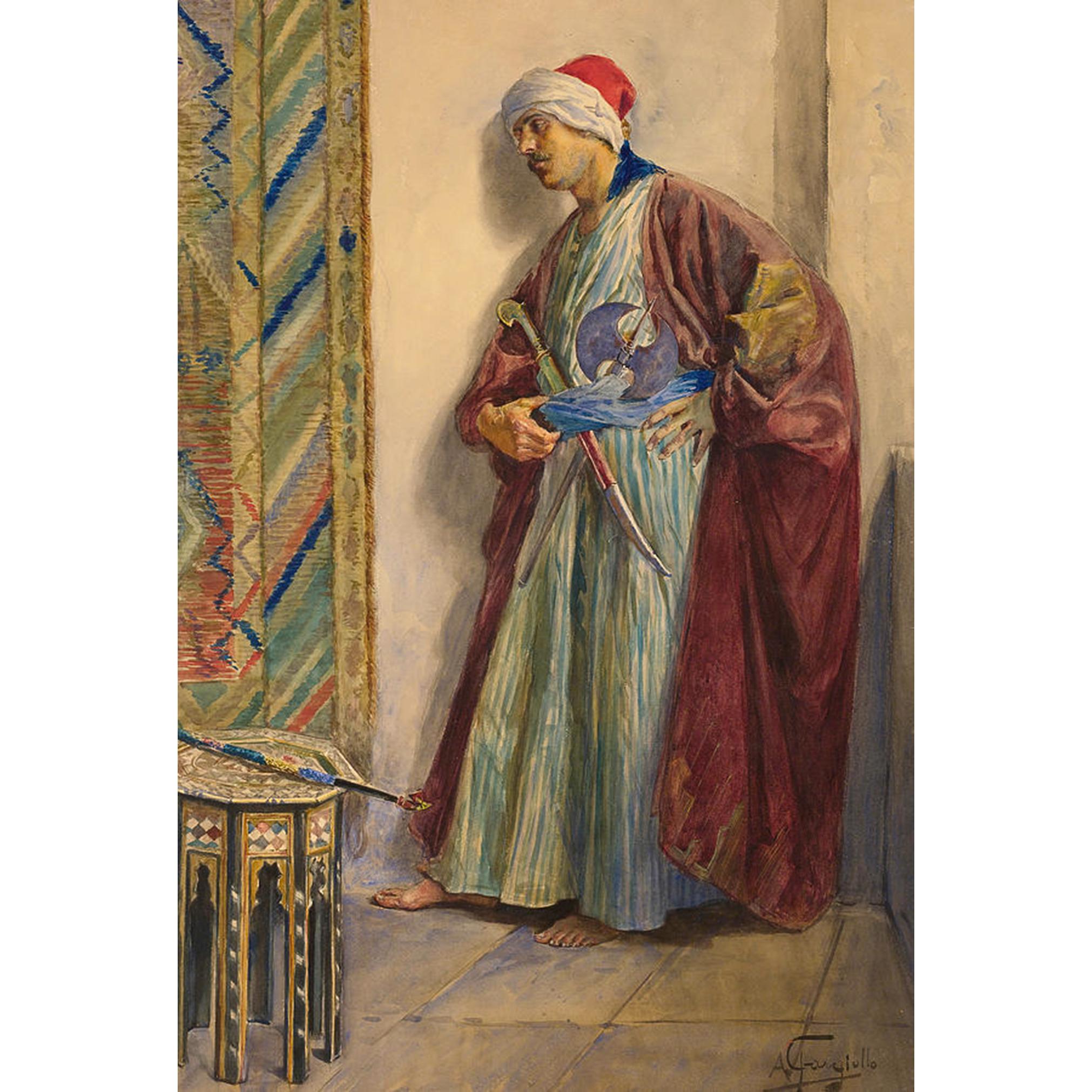 Standing Guard Orientalist Watercolor by Antonio Gargiullo For Sale 1