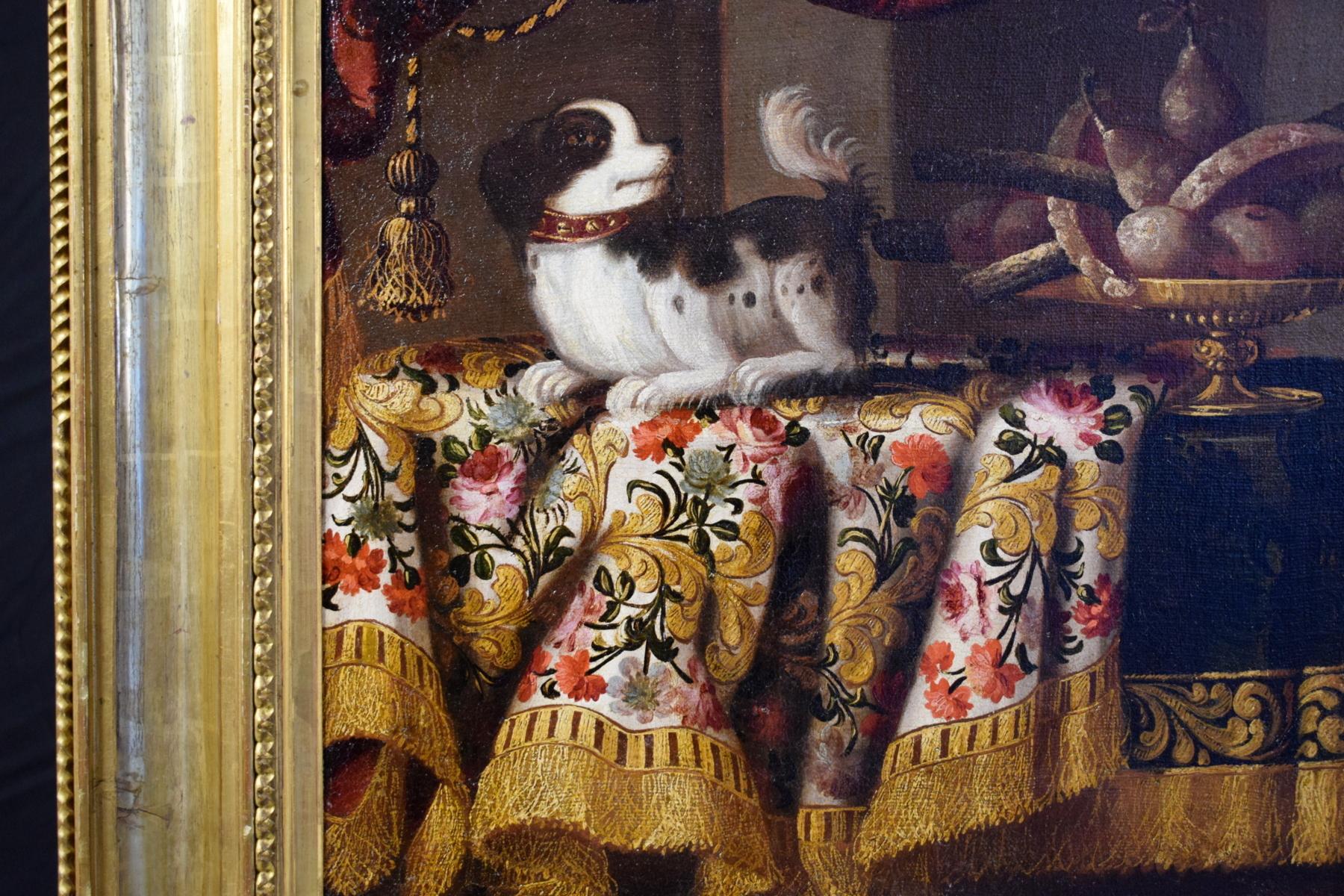 17th Century Antonio Gianlisi 18th Century Italian Oil Painting, Still Life with a Little Dog