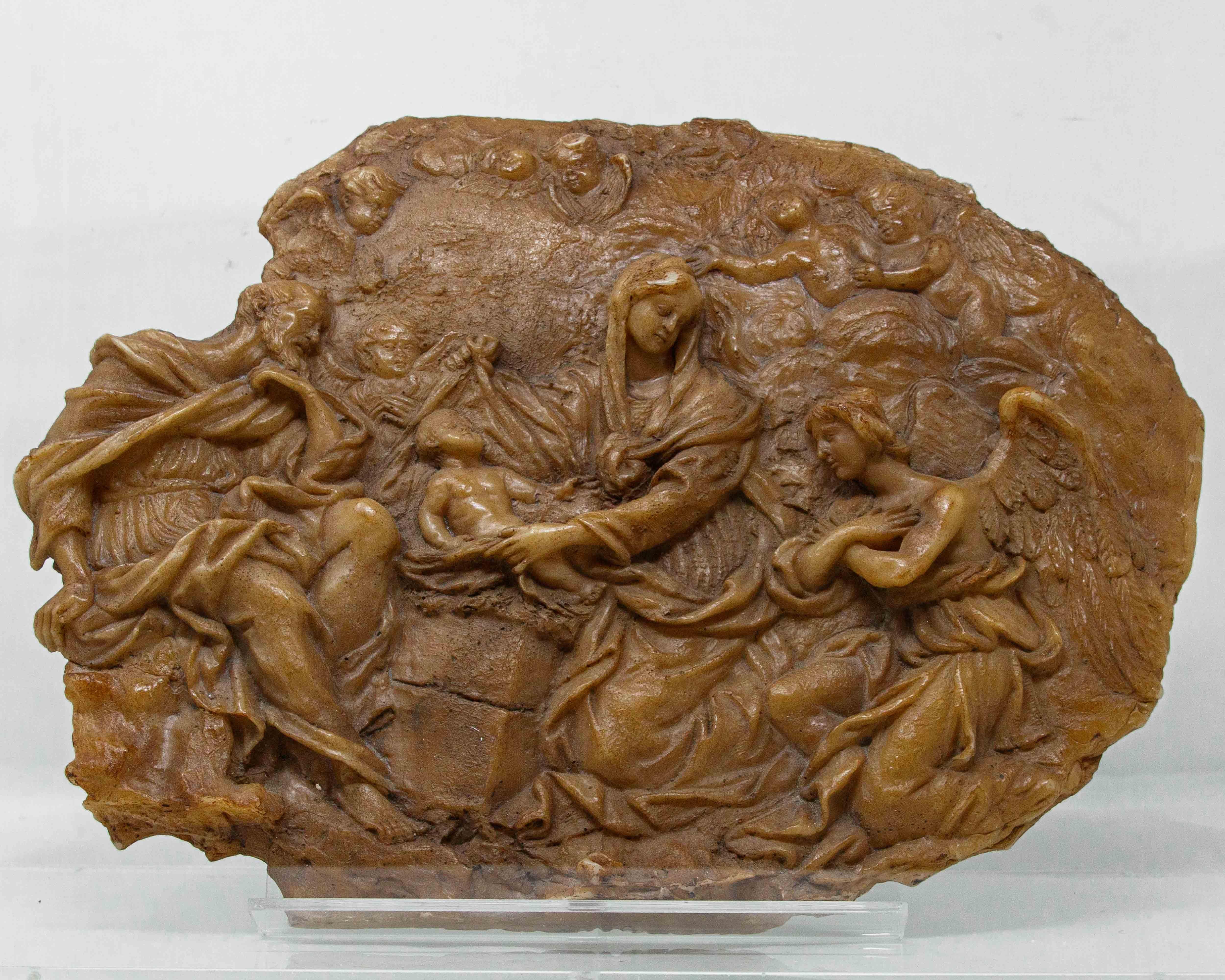 Antonio Giorgetti (documented in Rome from 1657 to 1669)

Nativity, c. 1662 

Wax, 56 x 12 cm

The wax, oval in shape and brown in color, features an iconography invented by Roman Baroque sculptor Antonio Giorgetti, whose activity is reported to