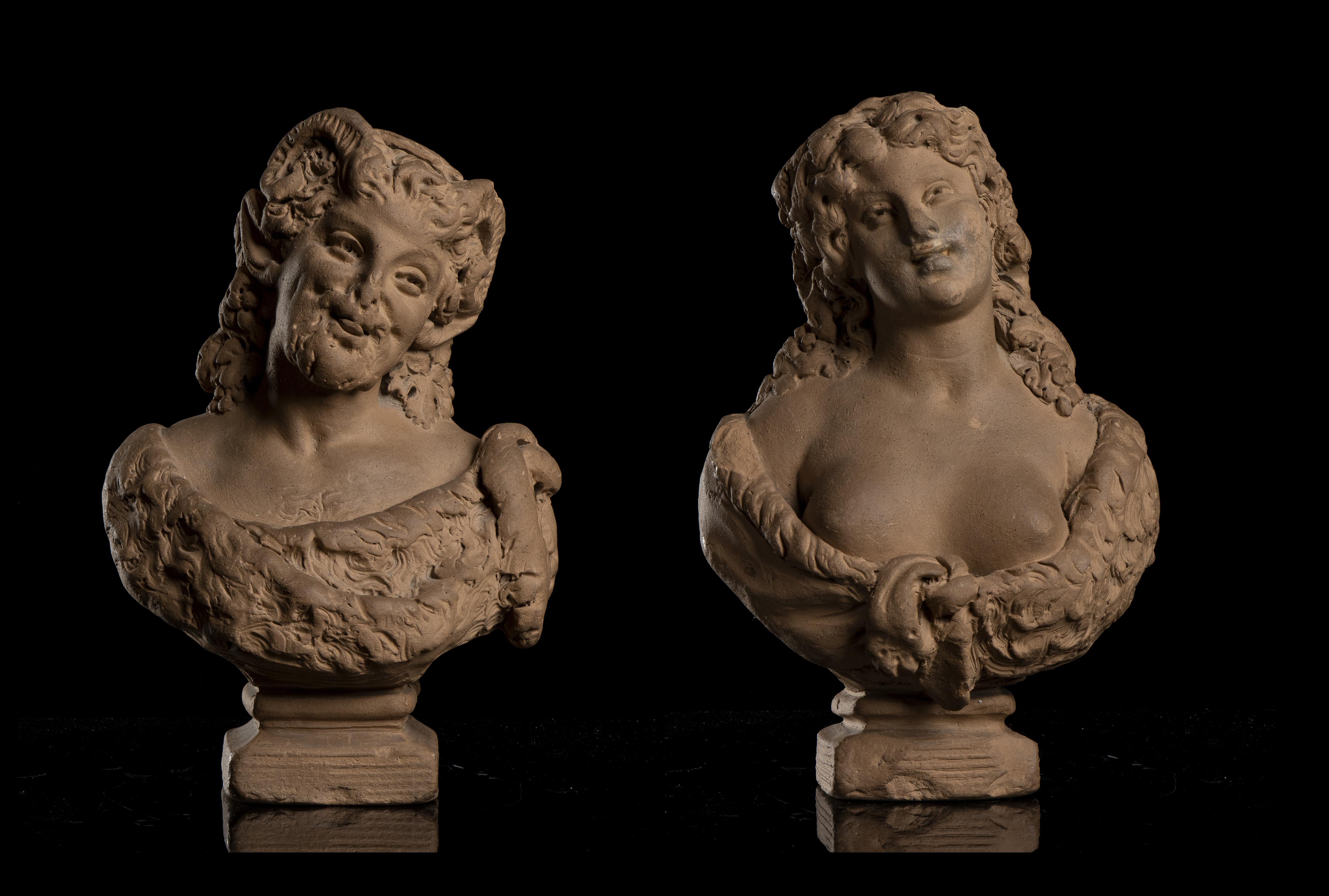 Nymph And Satyr Pair Of Sculptures Busts  By Lanzirotti Signed Terracotta 19th 