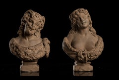 Nymph And Satyr Pair Of Sculptures Busts  By Lanzirotti Signed Terracotta 19th 