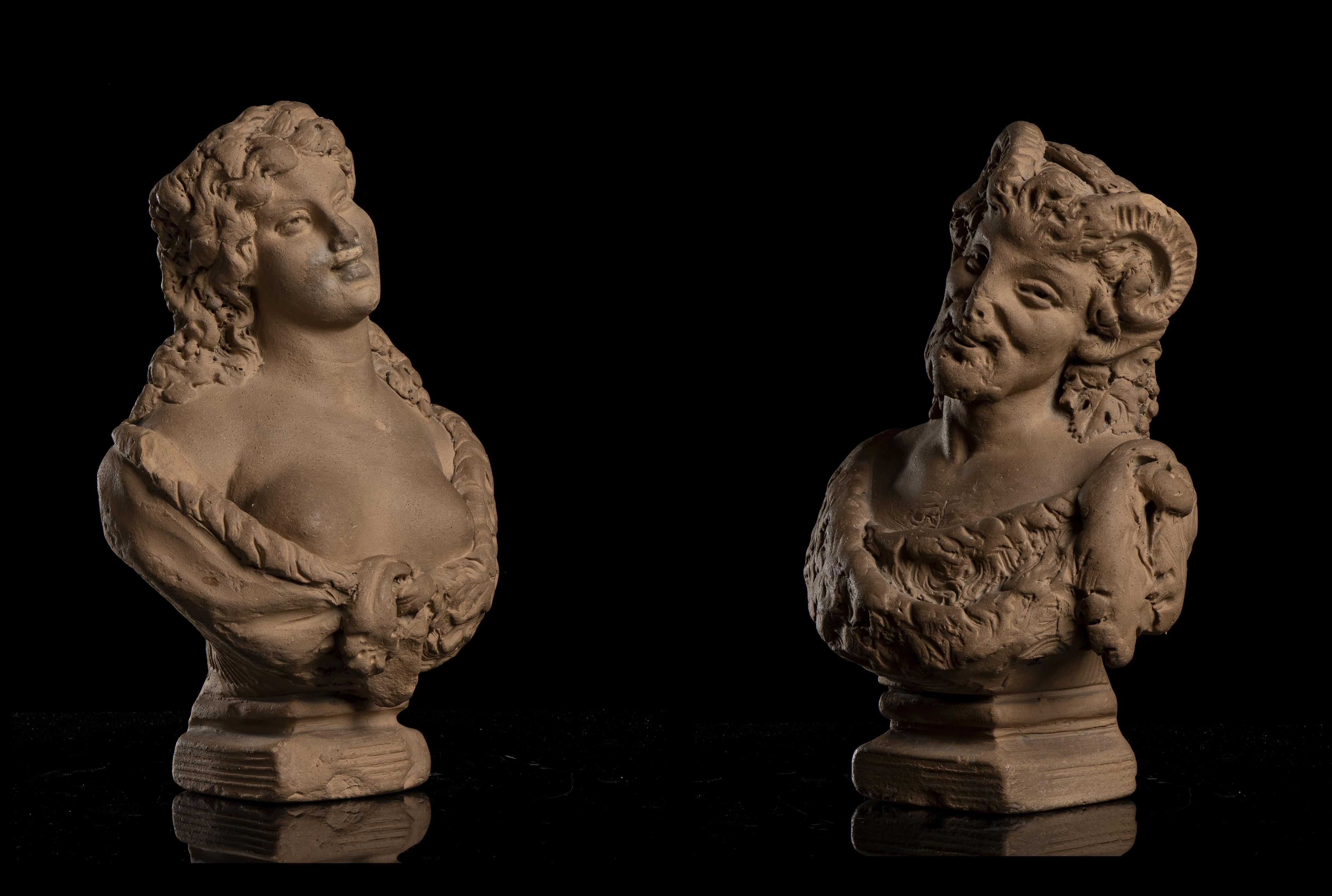Terracotta Pair of Busts Portrayed Ariadne and a Satyr Signed Lanzirotti 19th - Sculpture by Antonio Giovanni Lanzirotti