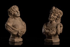Terracotta Pair of Busts Portrayed Ariadne and a Satyr Signed Lanzirotti 19th