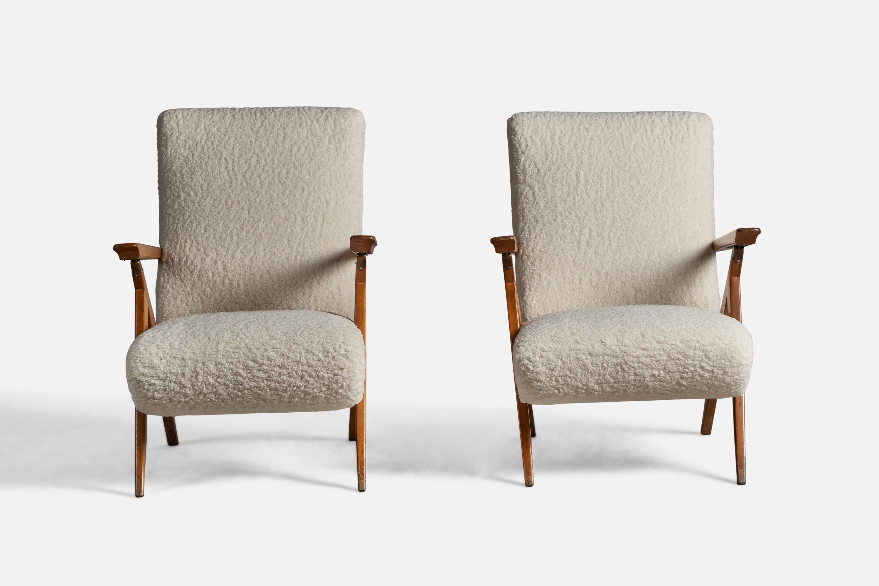 Mid-Century Modern Antonio Gorgone, Adjustable Lounge Chairs, Wood, Brass, Fabric, Italy, 1950s For Sale