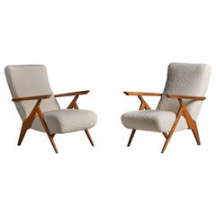 Antonio Gorgone, Adjustable Lounge Chairs, Wood, Brass, Fabric, Italy, 1950s