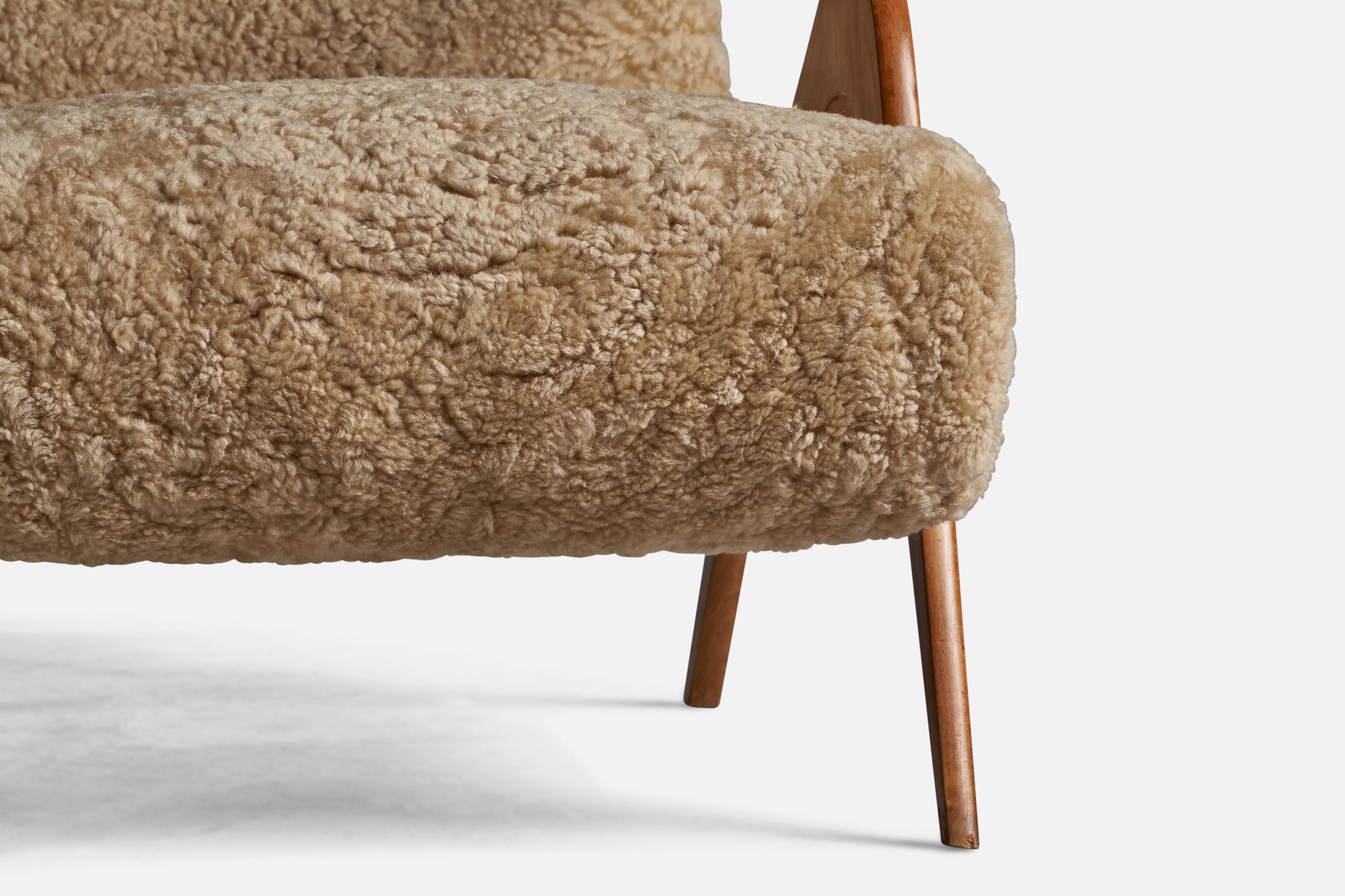 Mid-Century Modern Antonio Gorgone, Lounge Chairs, Wood, Shearling, Italy, 1950s