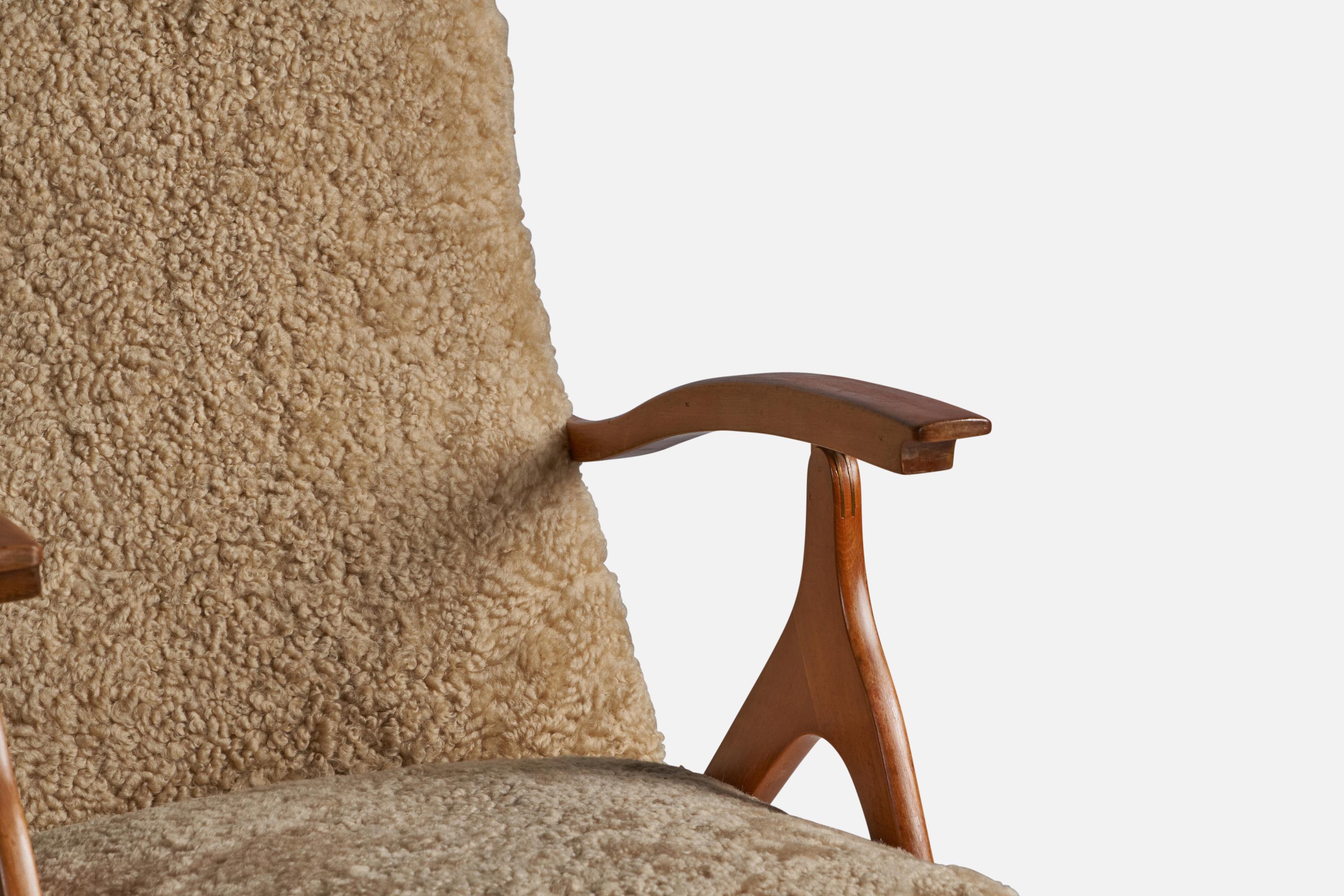 Italian Antonio Gorgone, Lounge Chairs, Wood, Shearling, Italy, 1950s