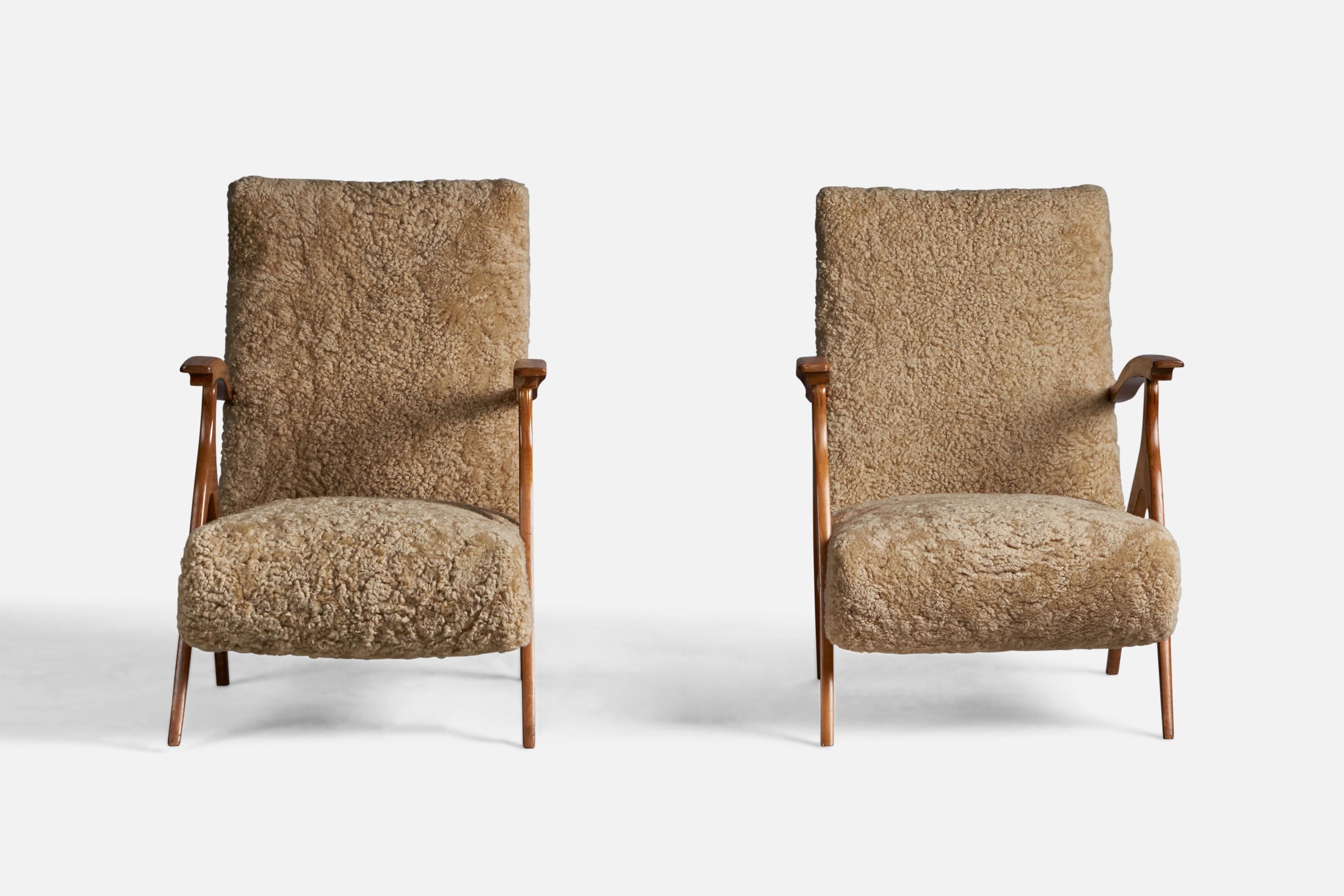 Sheepskin Antonio Gorgone, Lounge Chairs, Wood, Shearling, Italy, 1950s