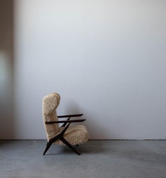 Antonio Gorgone, Rare Wingback Chair, Brass, Beech, Shearling, Italy, 1940s