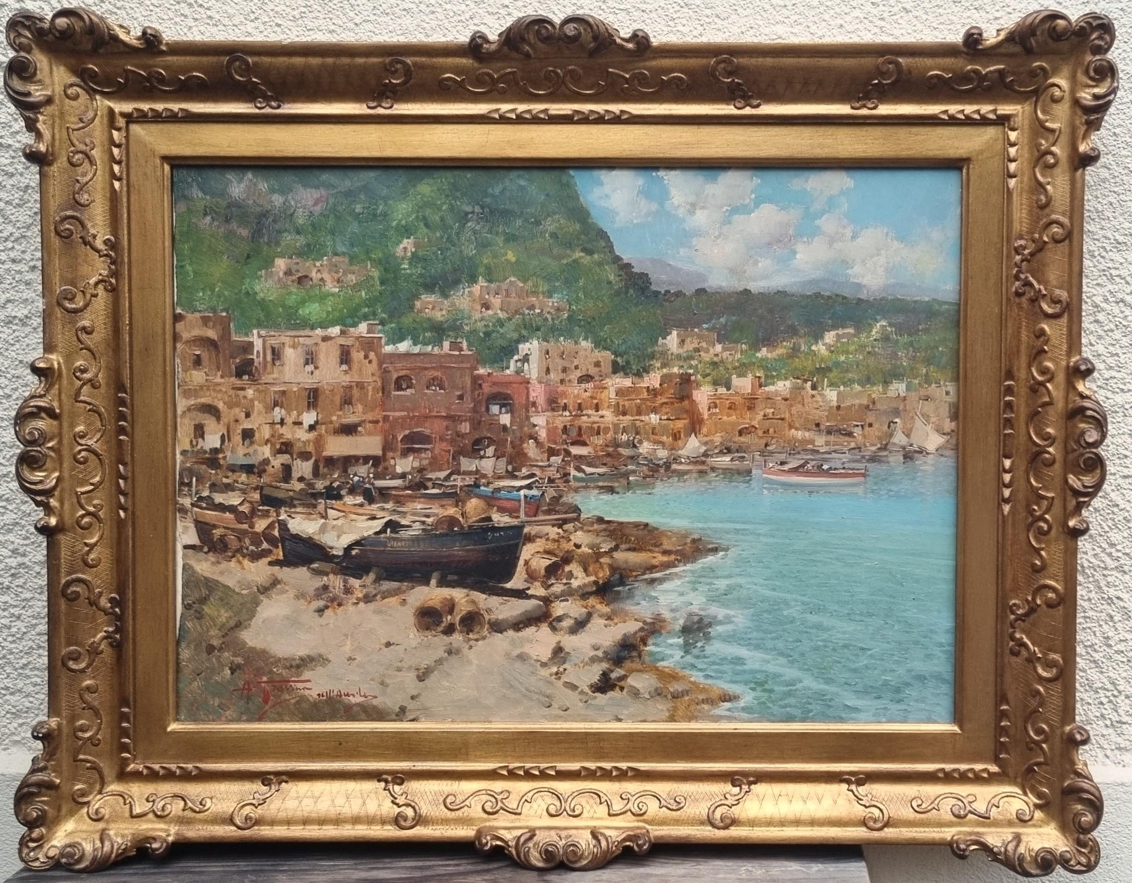 Peinture italienne Paysage Napoli Amalfi Bateaux Architecture 20ème - Painting de Antonio Gravina