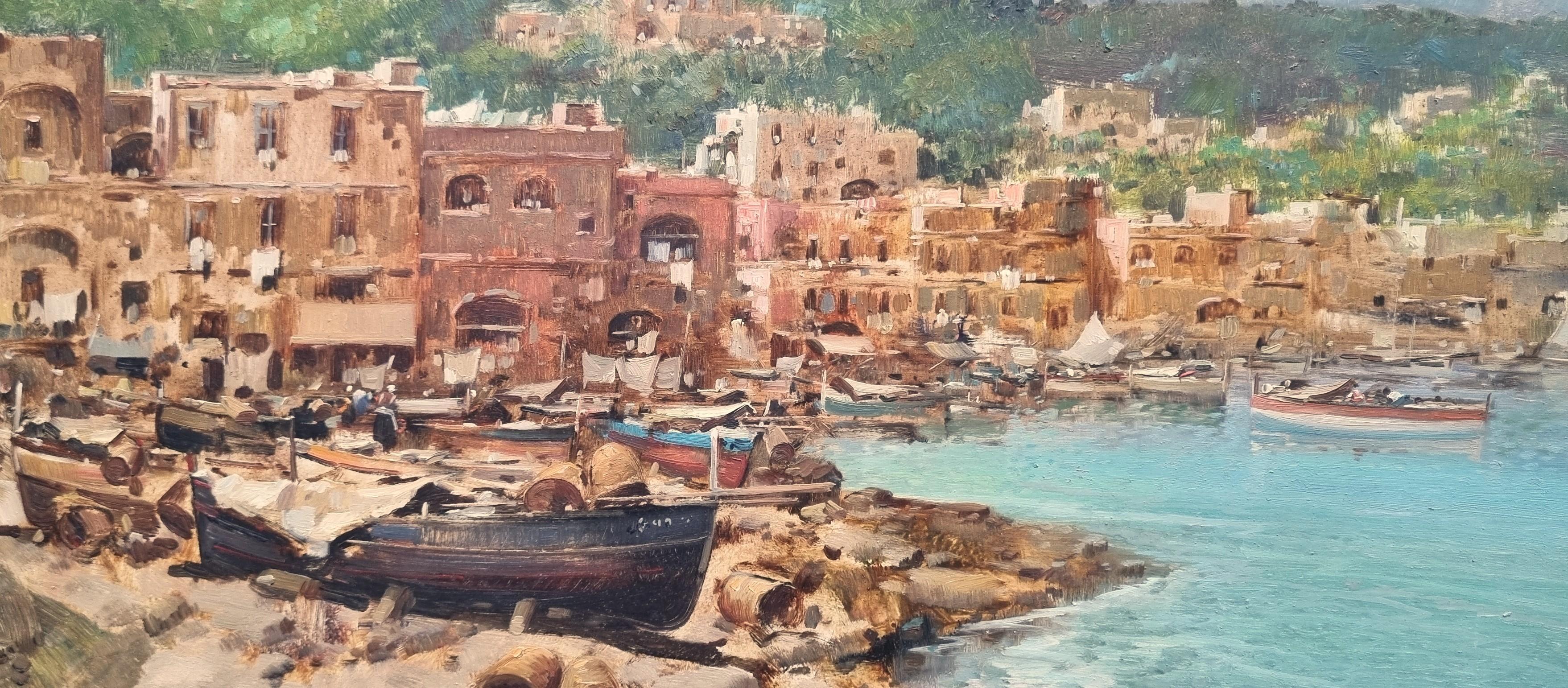 Peinture italienne Paysage Napoli Amalfi Bateaux Architecture 20ème - Gris Landscape Painting par Antonio Gravina