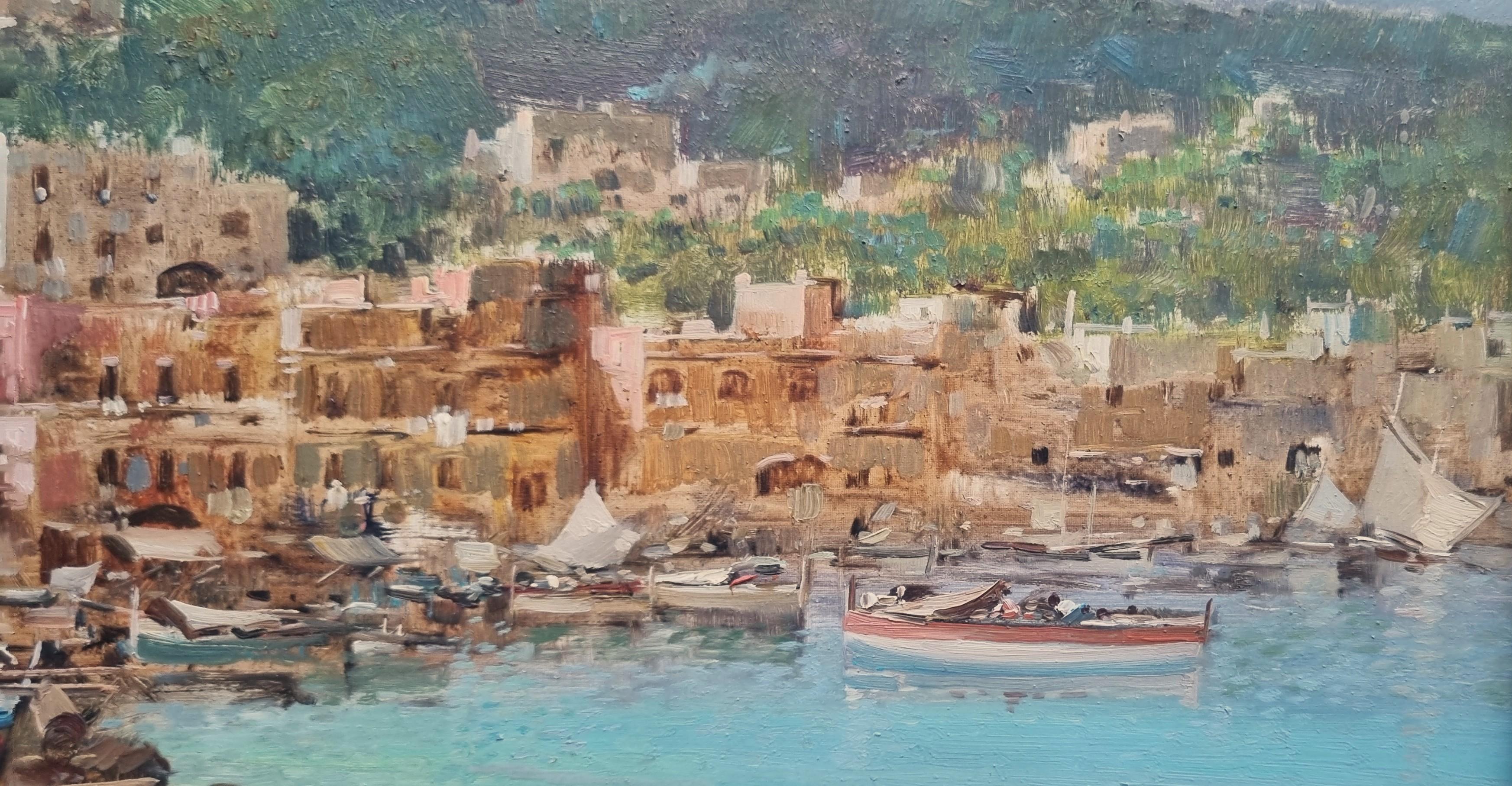 Antonio Gravina
Naples, 1934-2011
Bateaux sur la côte amalfitaine
Huile sur toile
Signé en bas à gauche
50 x 70 cm (73 x 92 cm avec le cadre)
Inscriptions au verso
Très bon état.