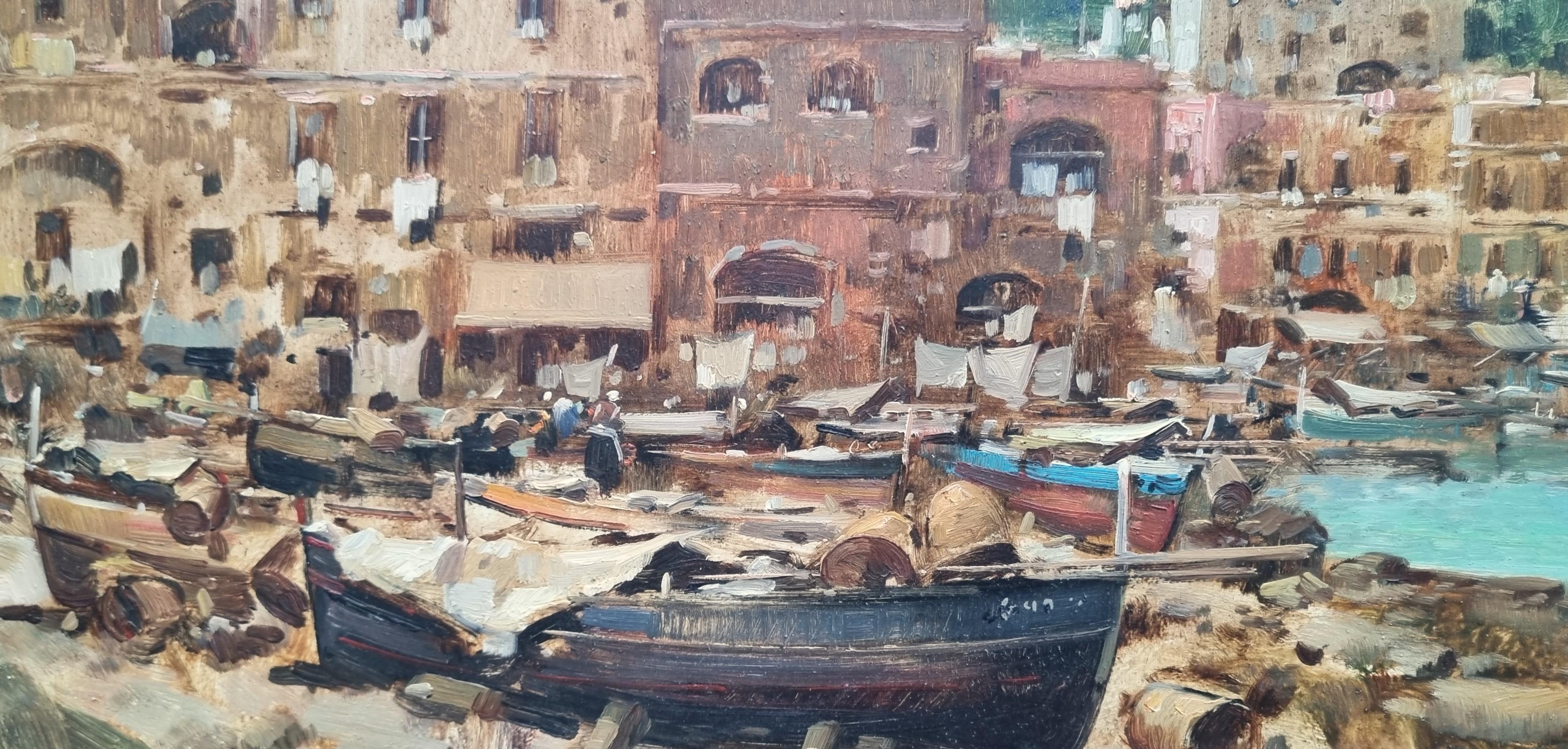 Peinture italienne Paysage Napoli Amalfi Bateaux Architecture 20ème en vente 2