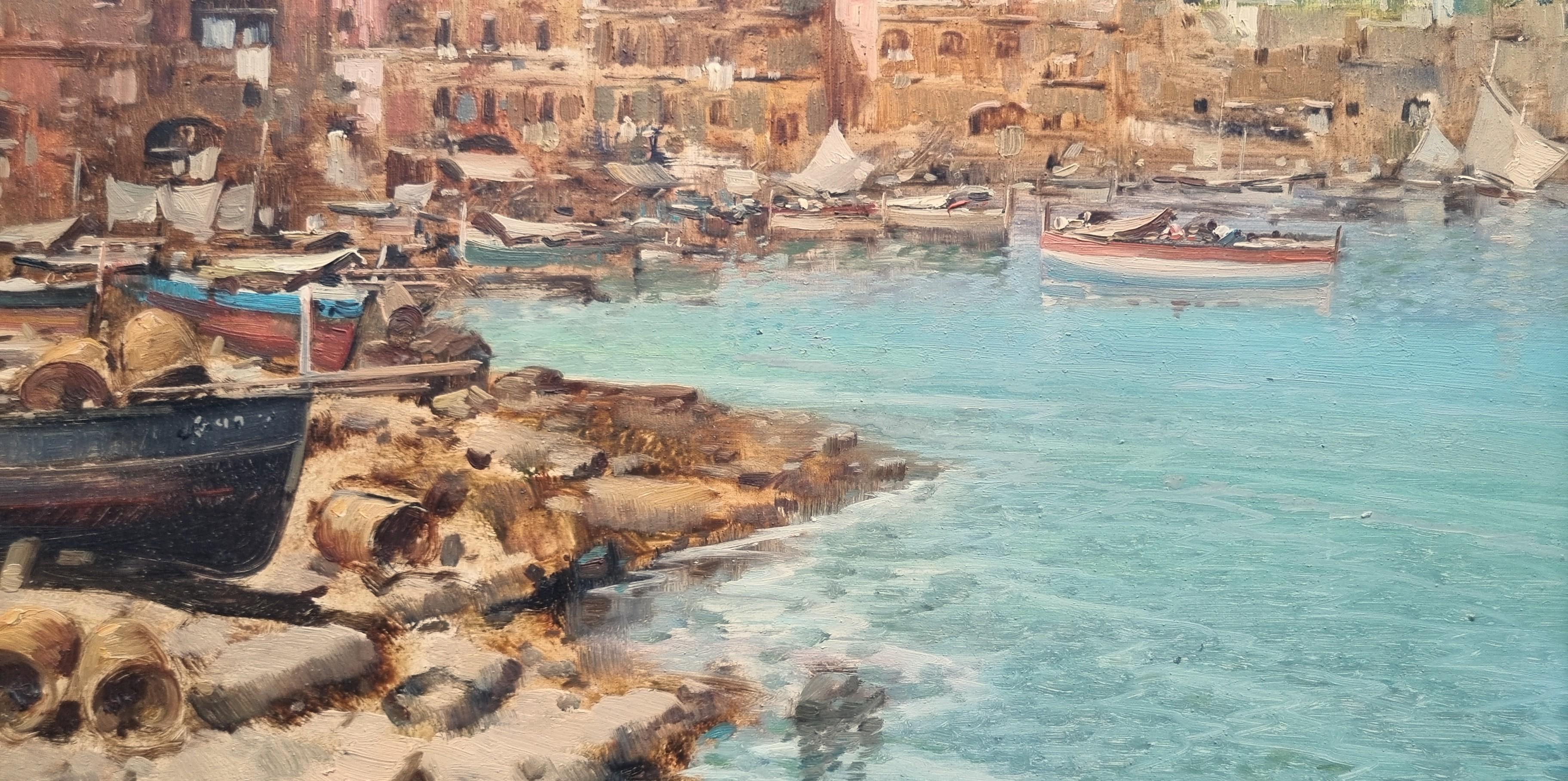 Peinture italienne Paysage Napoli Amalfi Bateaux Architecture 20ème en vente 4