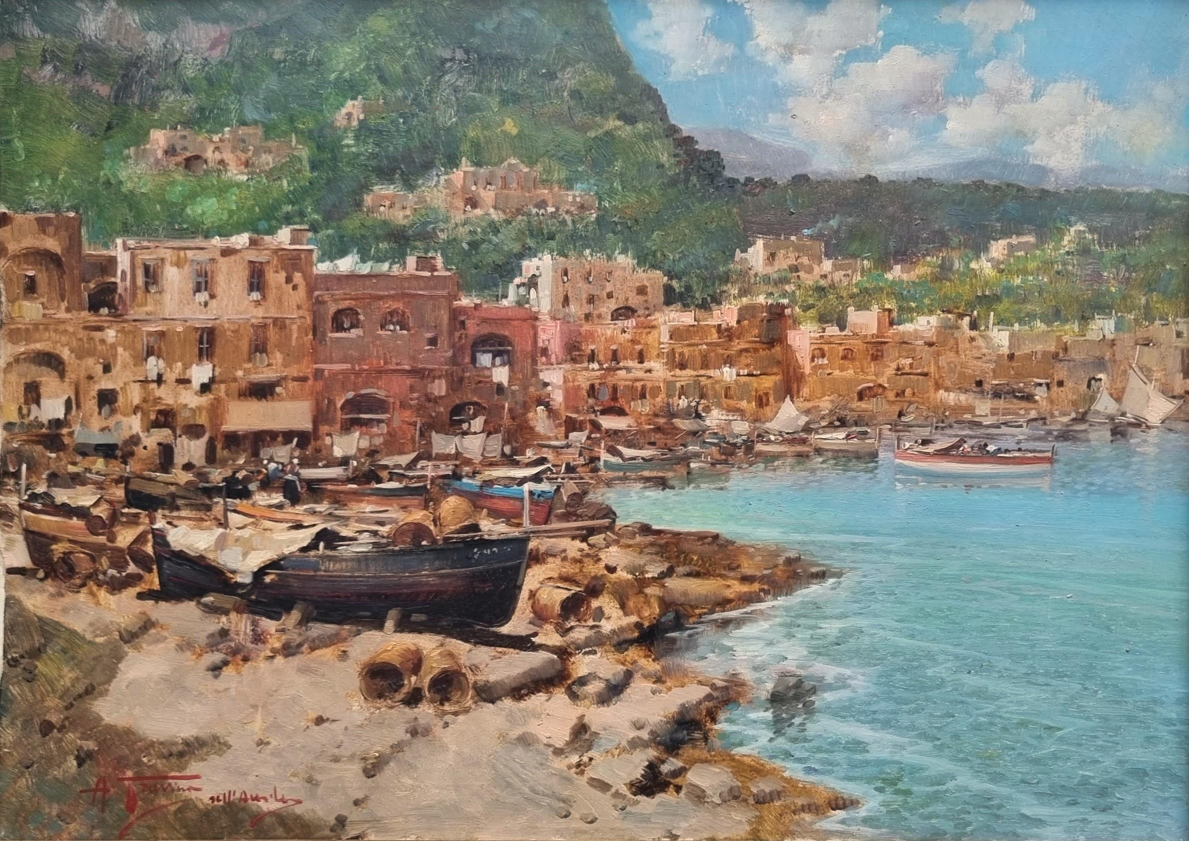 Italienische Malerei Landschaft Neapel Amalfi Boote Architektur 20.