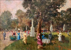 "Paris Park" Peinture à l'huile impressionniste parisienne représentant des personnages dans un parc
