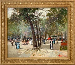"Paris Park" Parisian Impressionistic Oil Painting of Figures in a Park Setting