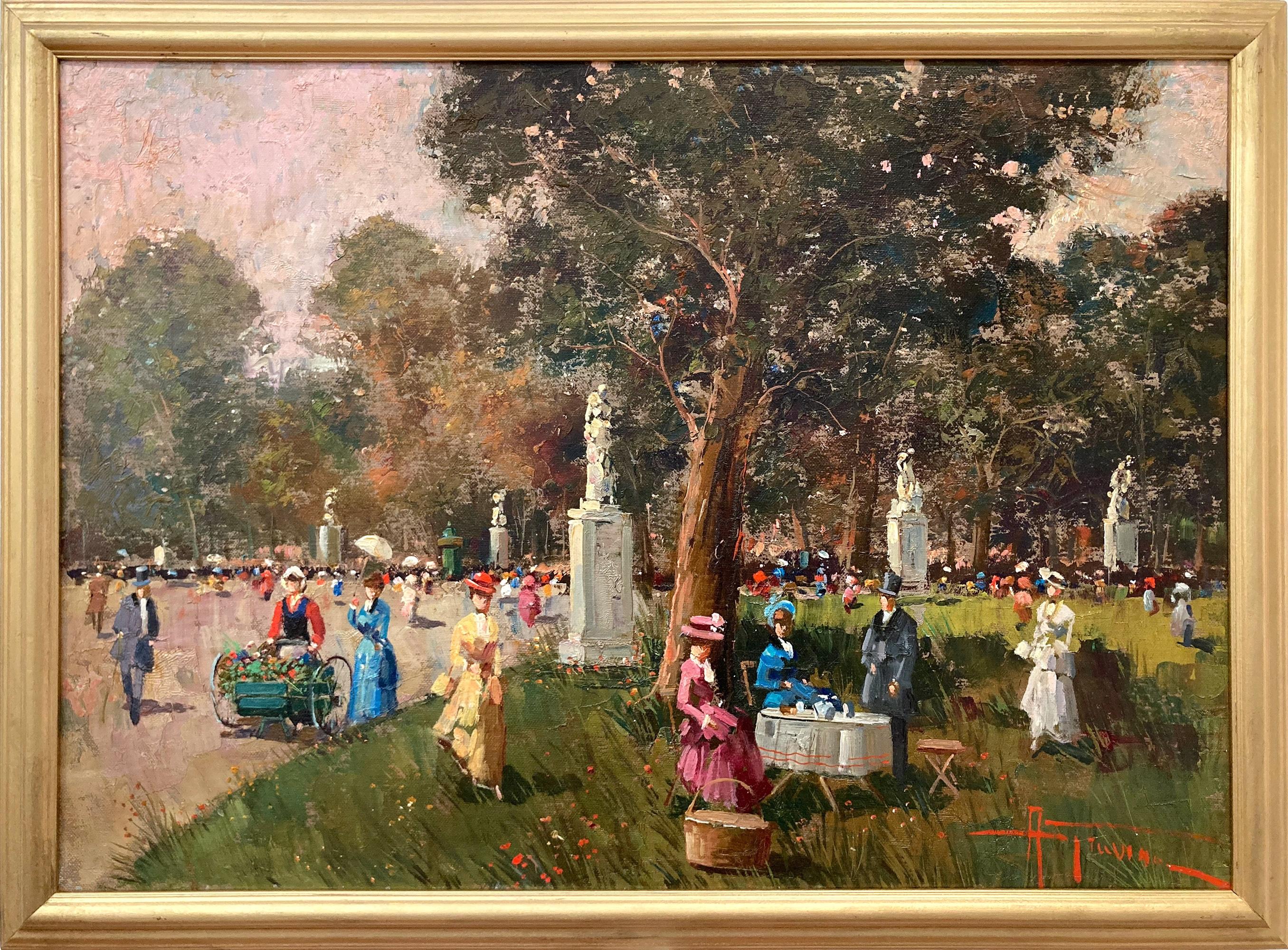 "At the Park" Parisian Impressionistic Oil Painting of Figures in a Park Setting