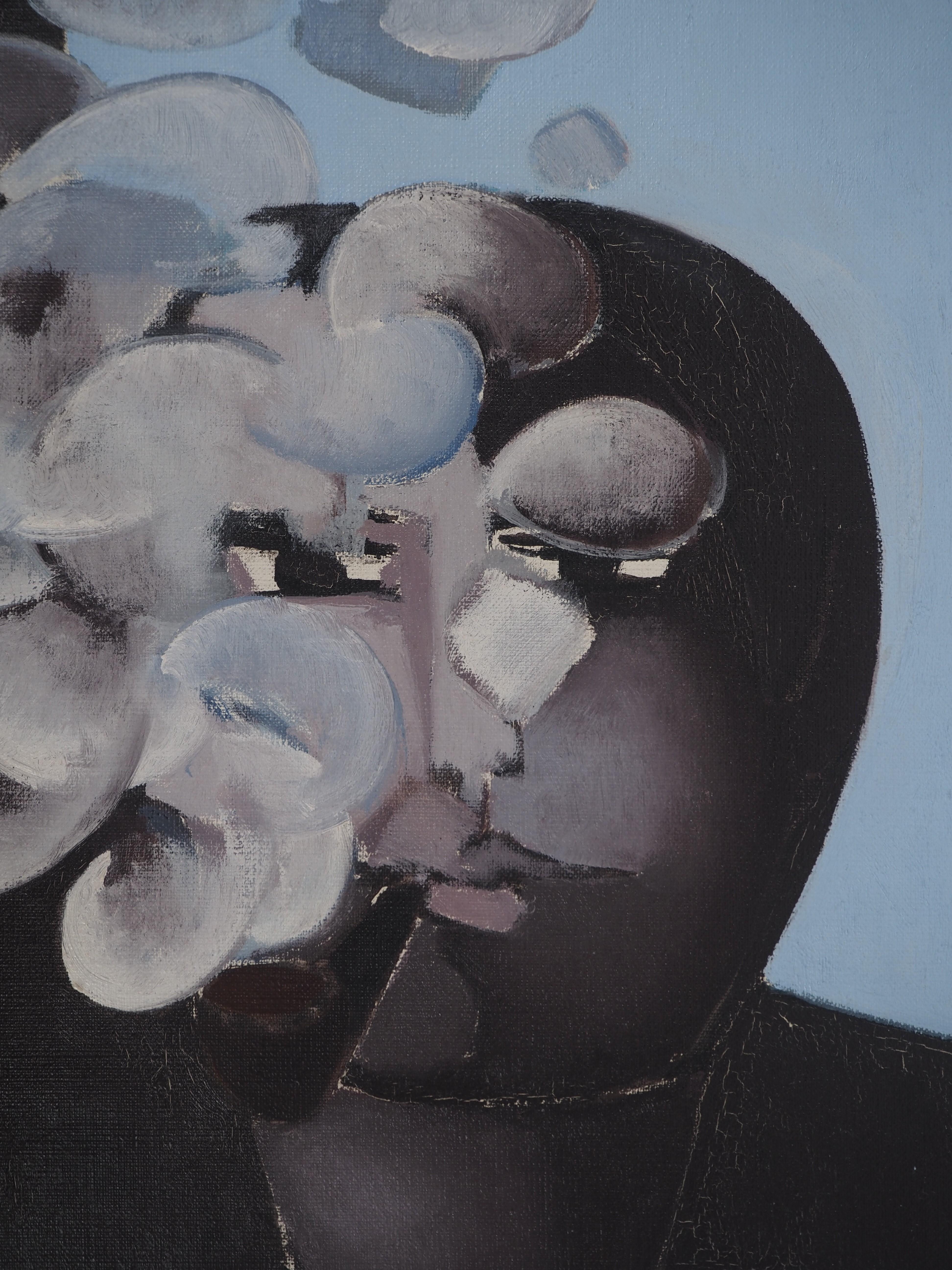 Smoker - Huile originale sur toile, signée - Noir Portrait Painting par Antonio GUANSE