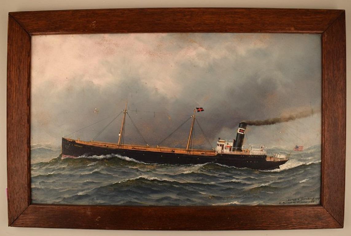 Antonio Jacobsen (1850-1921), Danish-born American naval painter. 
Oil on board. 
Ship portrait of Ossabaw. Dated 1909.
The board measures 75 x 44 cm.
The frame measures: 6.5 cm.
In excellent condition.
Signed.