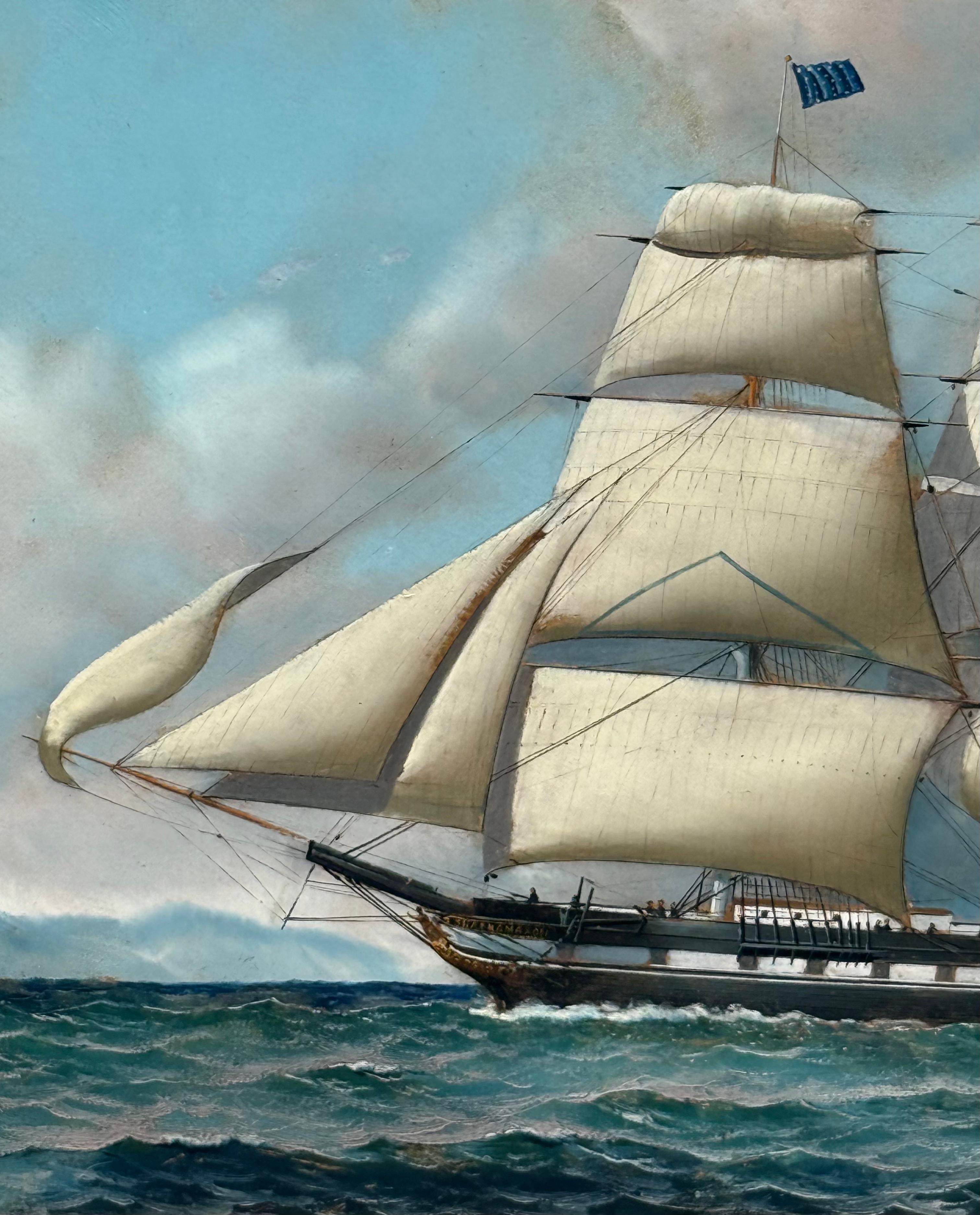 An American Clipper Ship - Gray Landscape Painting by Antonio Jacobsen