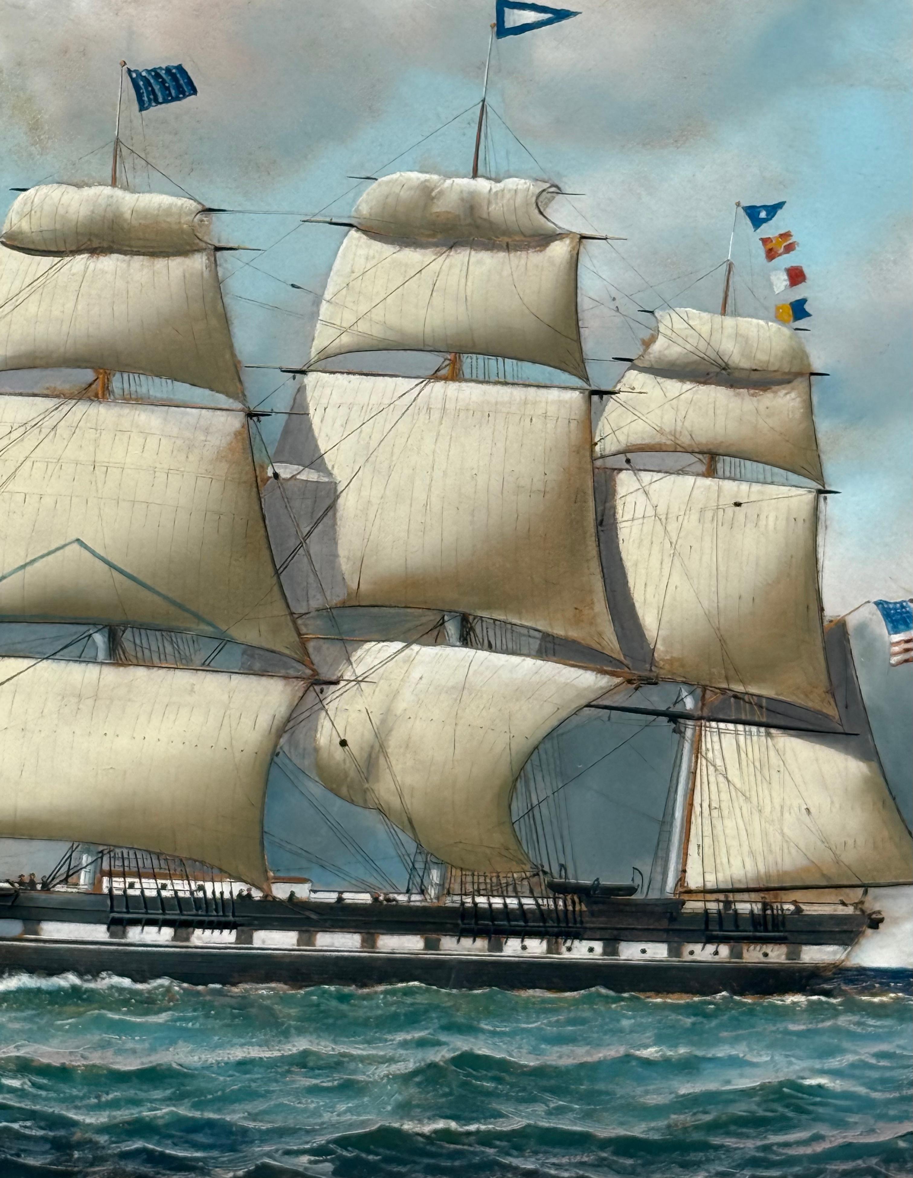 An oil on artist board featuring an American clipper ship by Antonio Jacobsen. Signed and dated 1916 in the lower right corner. Measuring 23.5