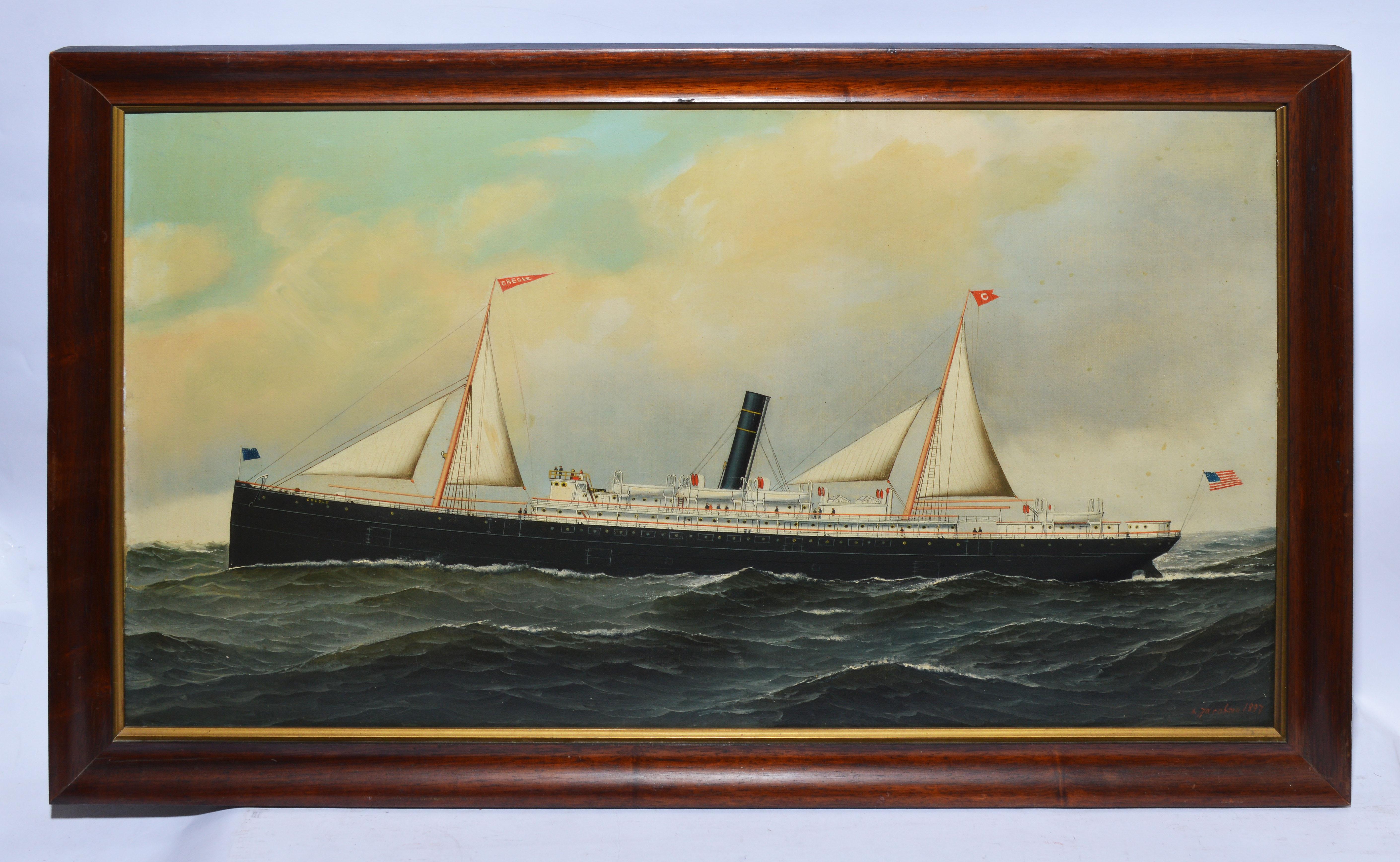 Antique nautical oil painting of the Creole by Antonio Nicolo Gasparo Jacobsen  (1850 - 1921) .  Oil on board, circa 1908.  Signed.  Displayed in a giltwood frame.  Image, 36